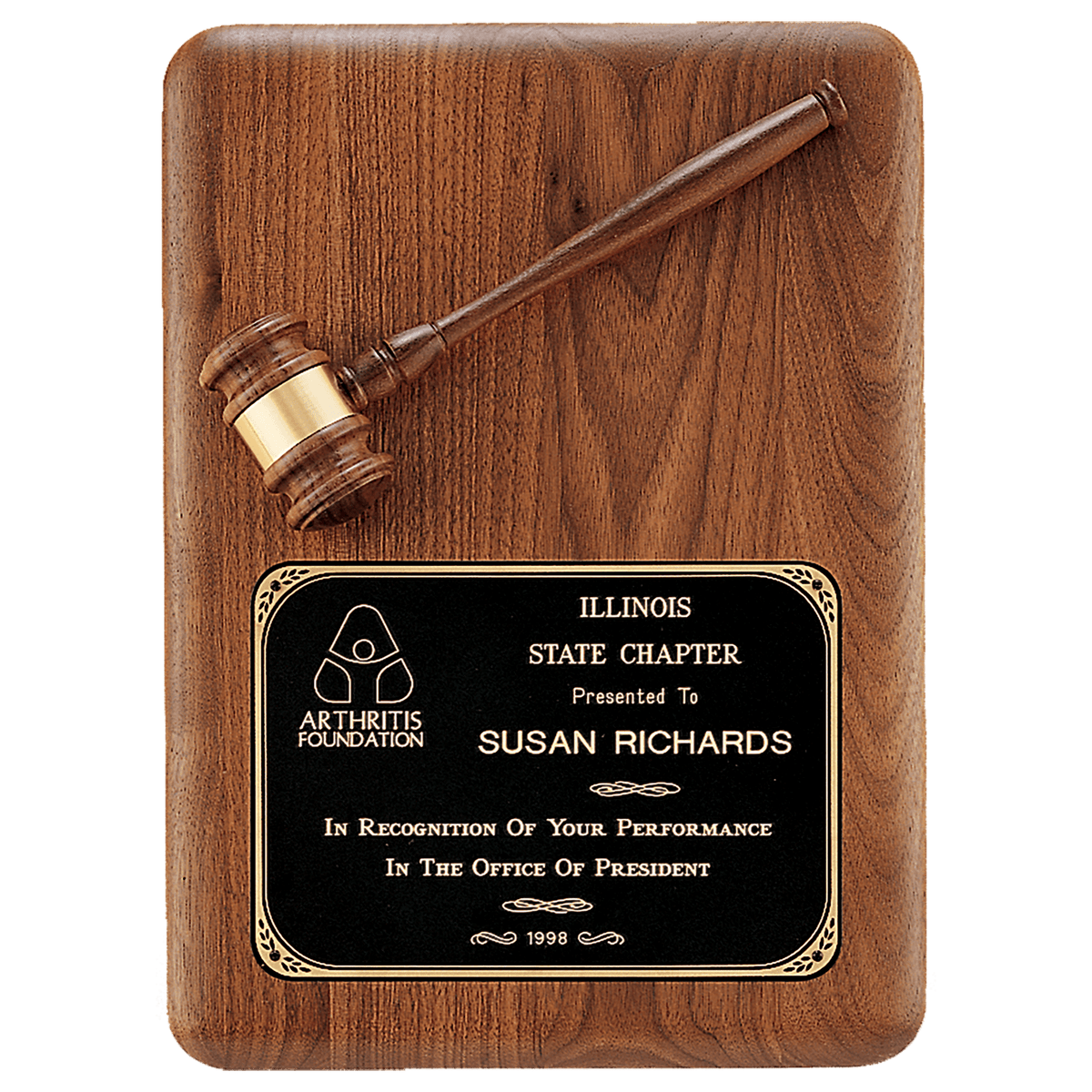 Walnut plaque with walnut gavel and black brass plate, 11 by 15 inches