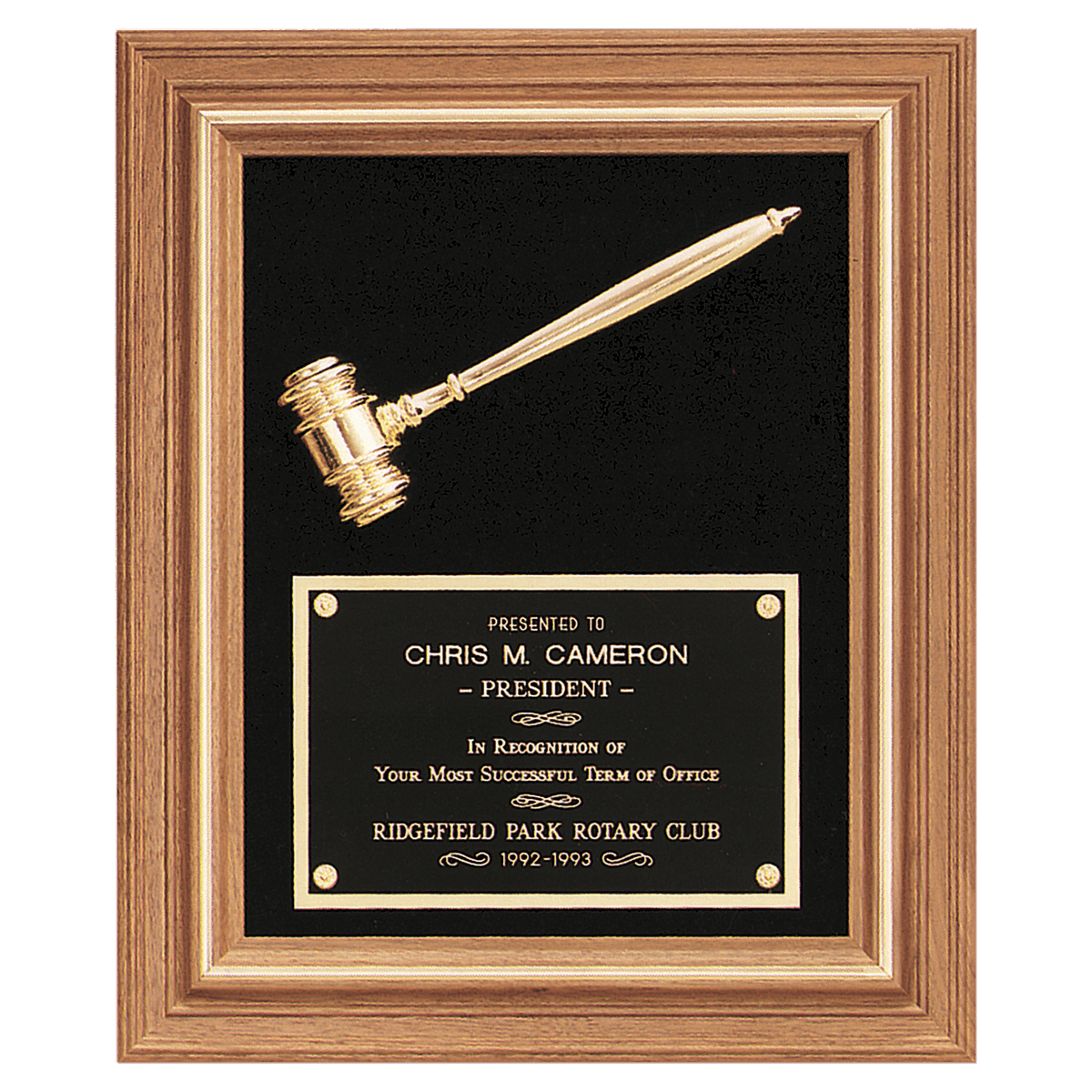 Walnut frame plaque with gold electroplated gavel on black velour, 15 by 18 inches