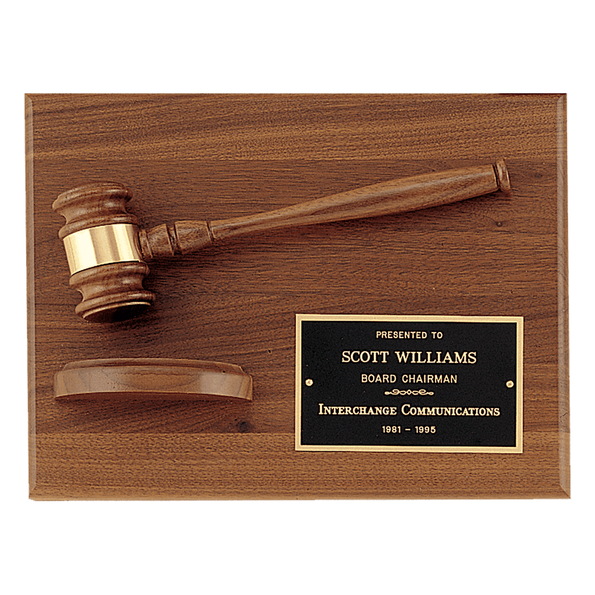 Walnut plaque and gavel with half sounding block and black brass plate, 9 by 12 inches