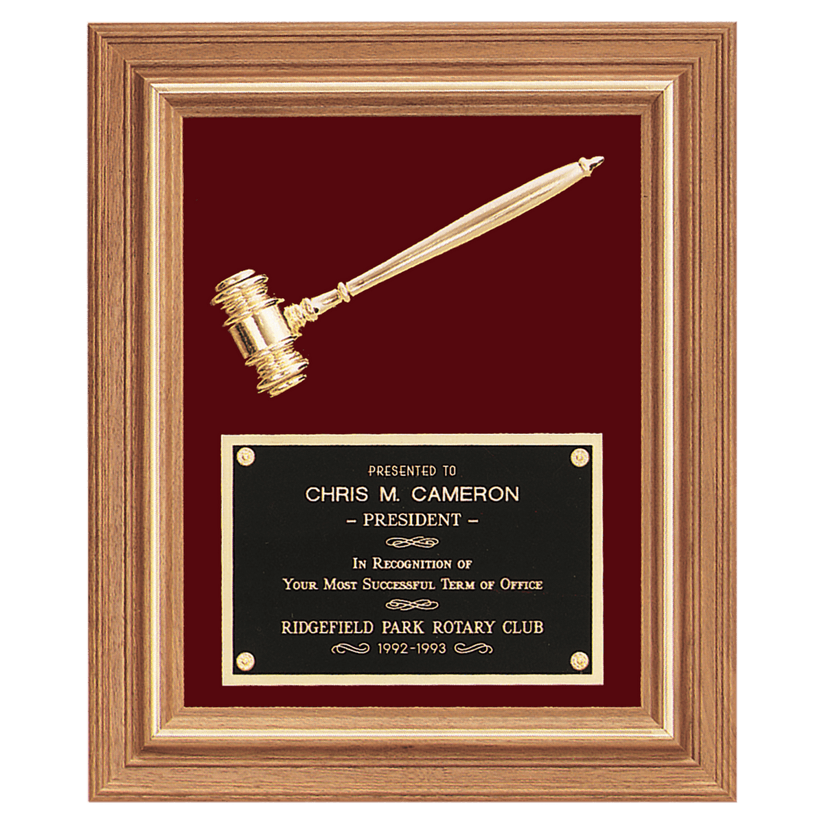 Walnut frame plaque with gold electroplated gavel on maroon velour, 15 by 18 inches