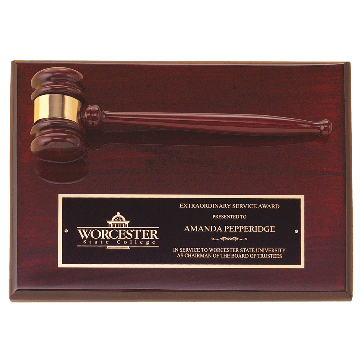 Rosewood piano finish gavel plaque with black brass plate, 9 by 12 inches