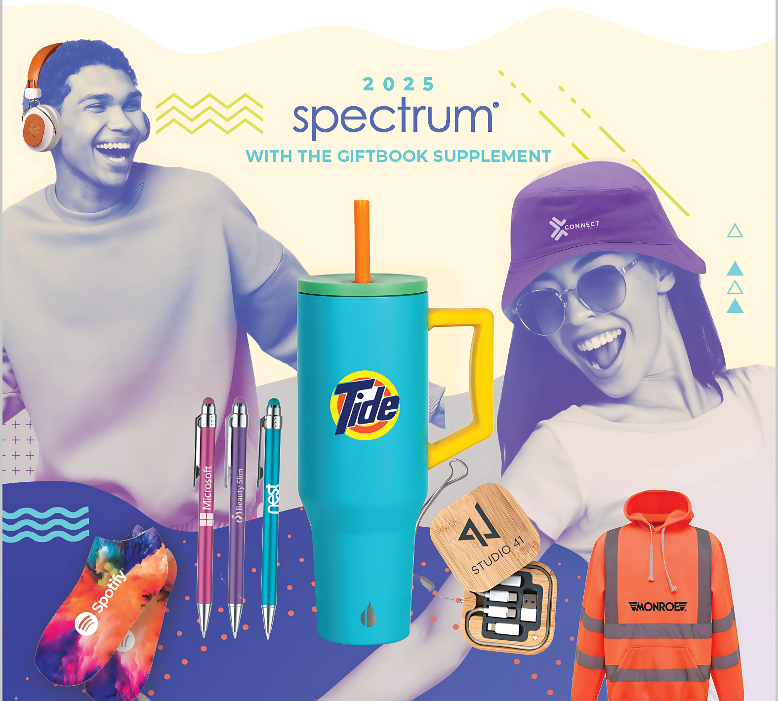 Spectrum 2025 promotional products catalog cover showcasing branded merchandise with modern lifestyle design and vibrant colors