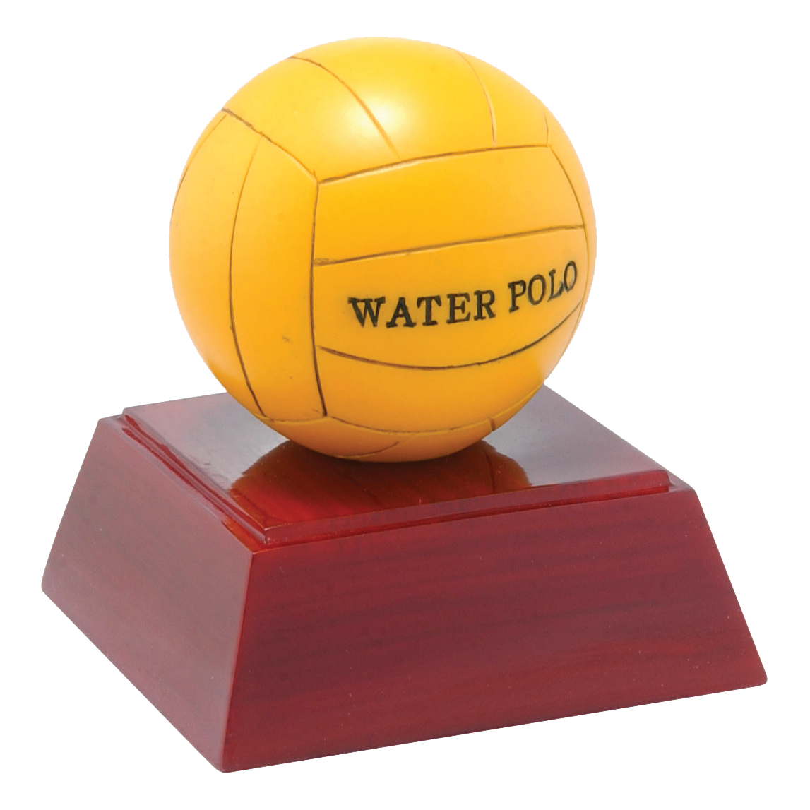 Water polo ball trophy with a yellow water polo ball on a rosewood-finish base