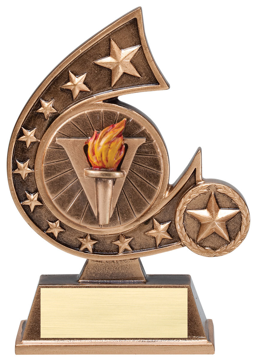 Comet victory torch trophy with star-studded comet swirl