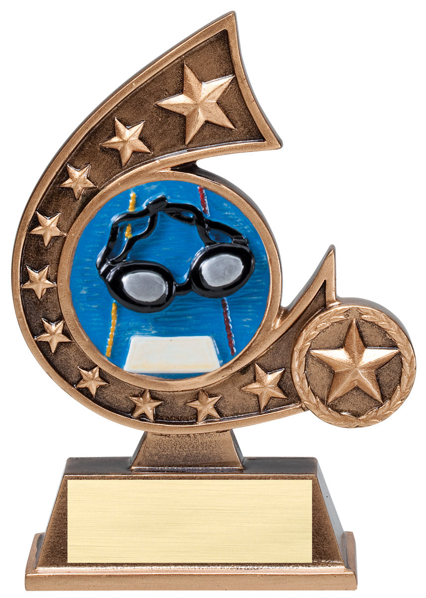 Swimming comet resin trophy with goggles over a blue pool