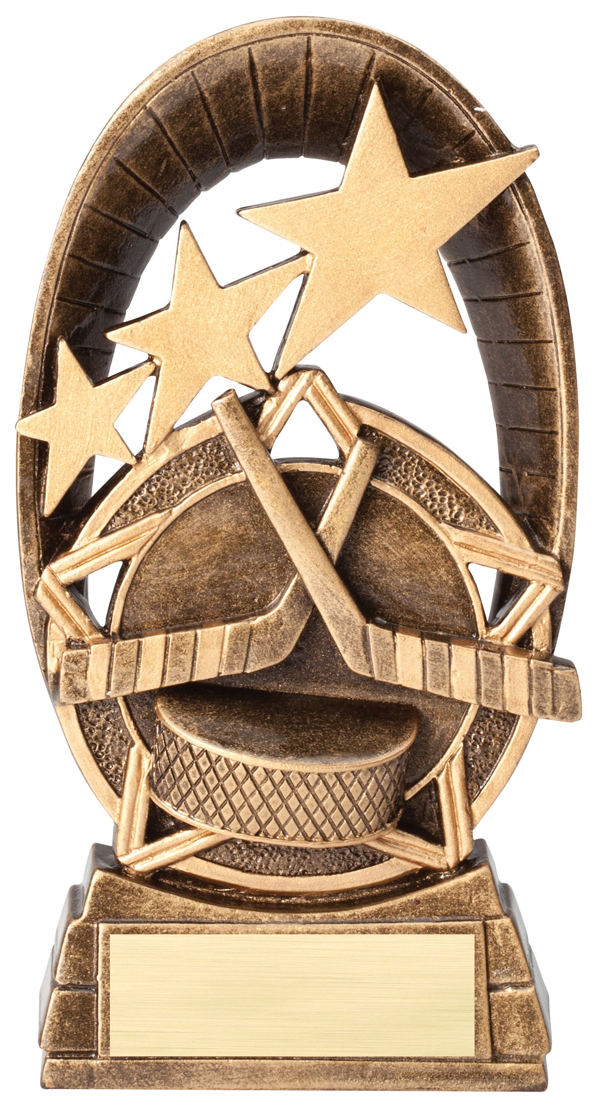 Radiant hockey trophy with crossed sticks and puck inside a gold star