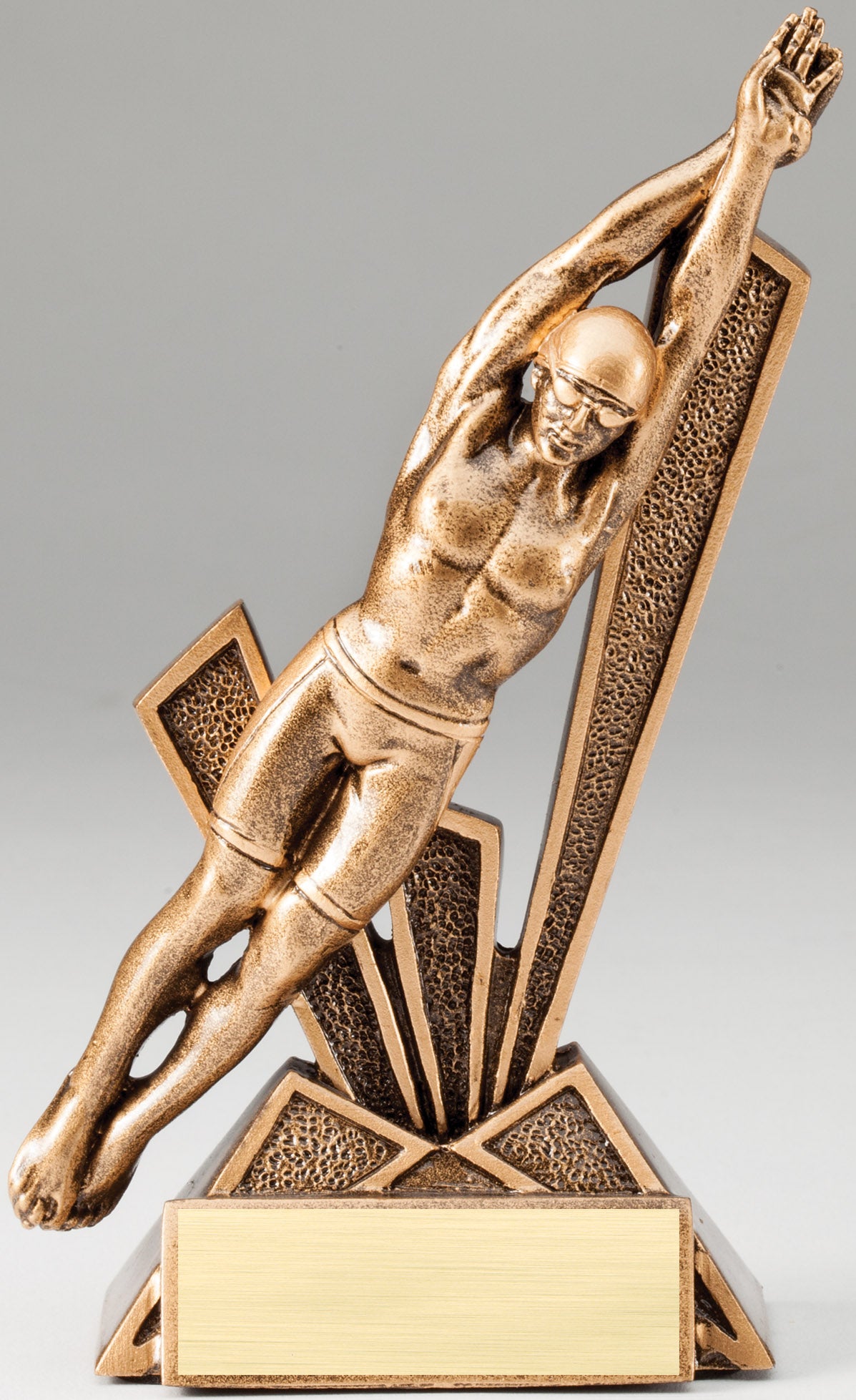 Male diving swimmer resin trophy with starburst backdrop and engraving plate