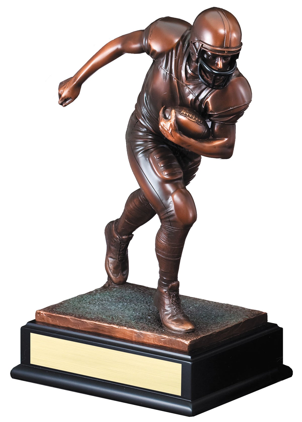 Bronze Football Runner Sculpture Trophy, shown with engraved plate