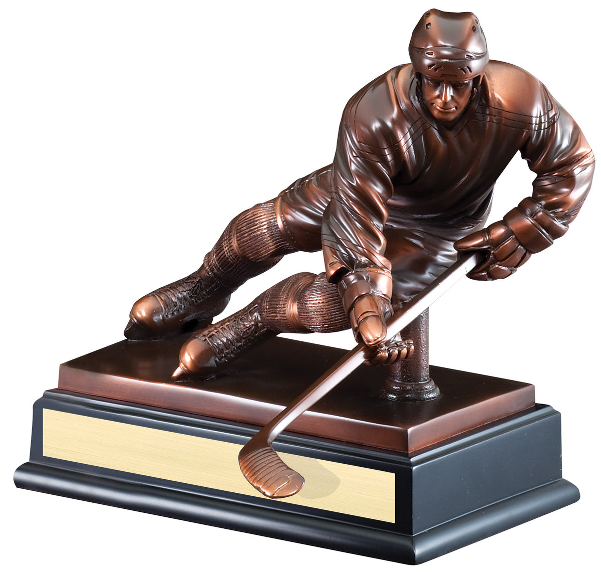 Bronze hockey player gallery sculpture shown with engraved plate