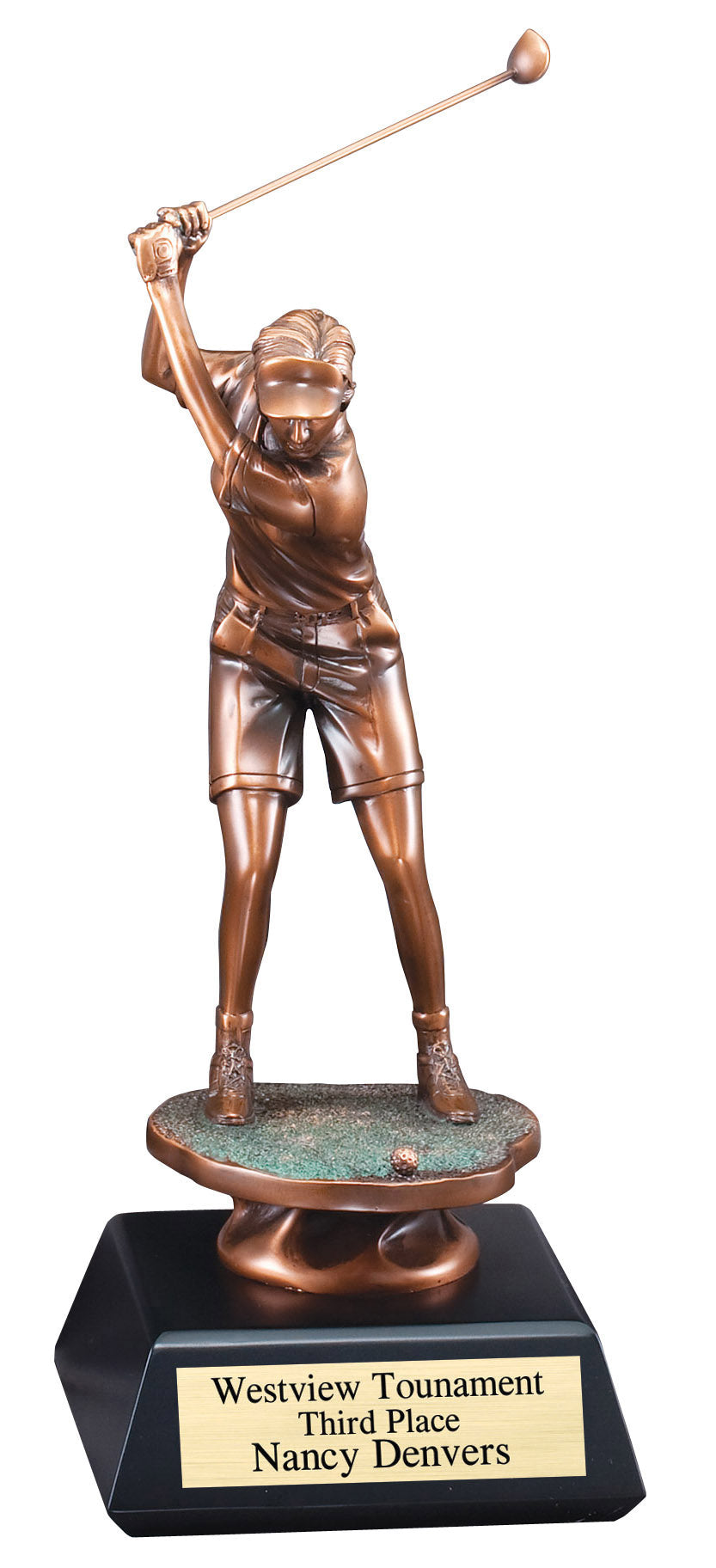 Electroplated female golfer driving off the tee
