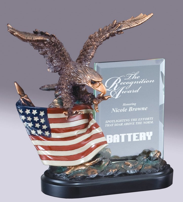 Bronze-finish eagle on an American flag beside an engravable glass panel