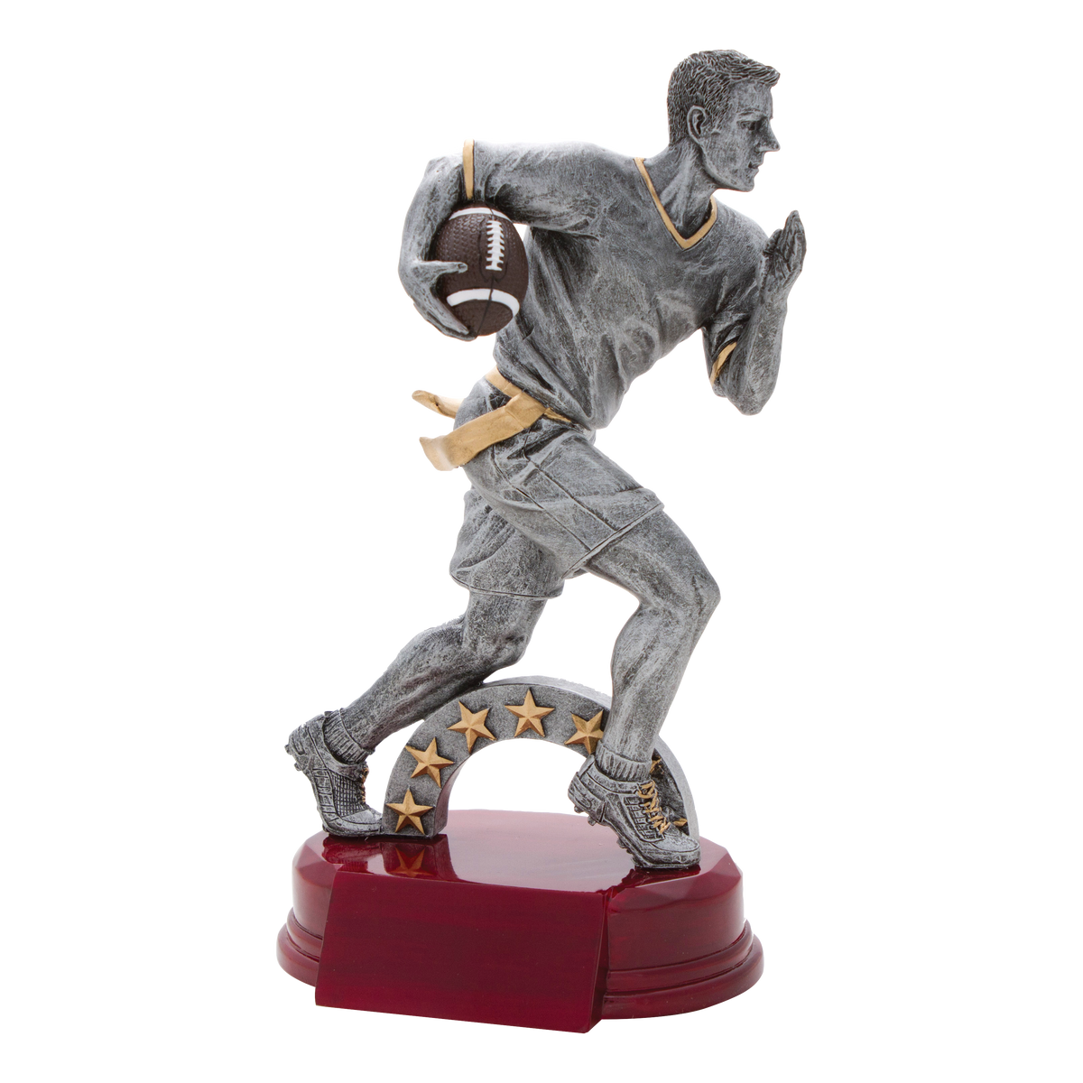8 1/4 inch silver flag football trophy with a ball carrier under a gold star arch on a rosewood-finish base