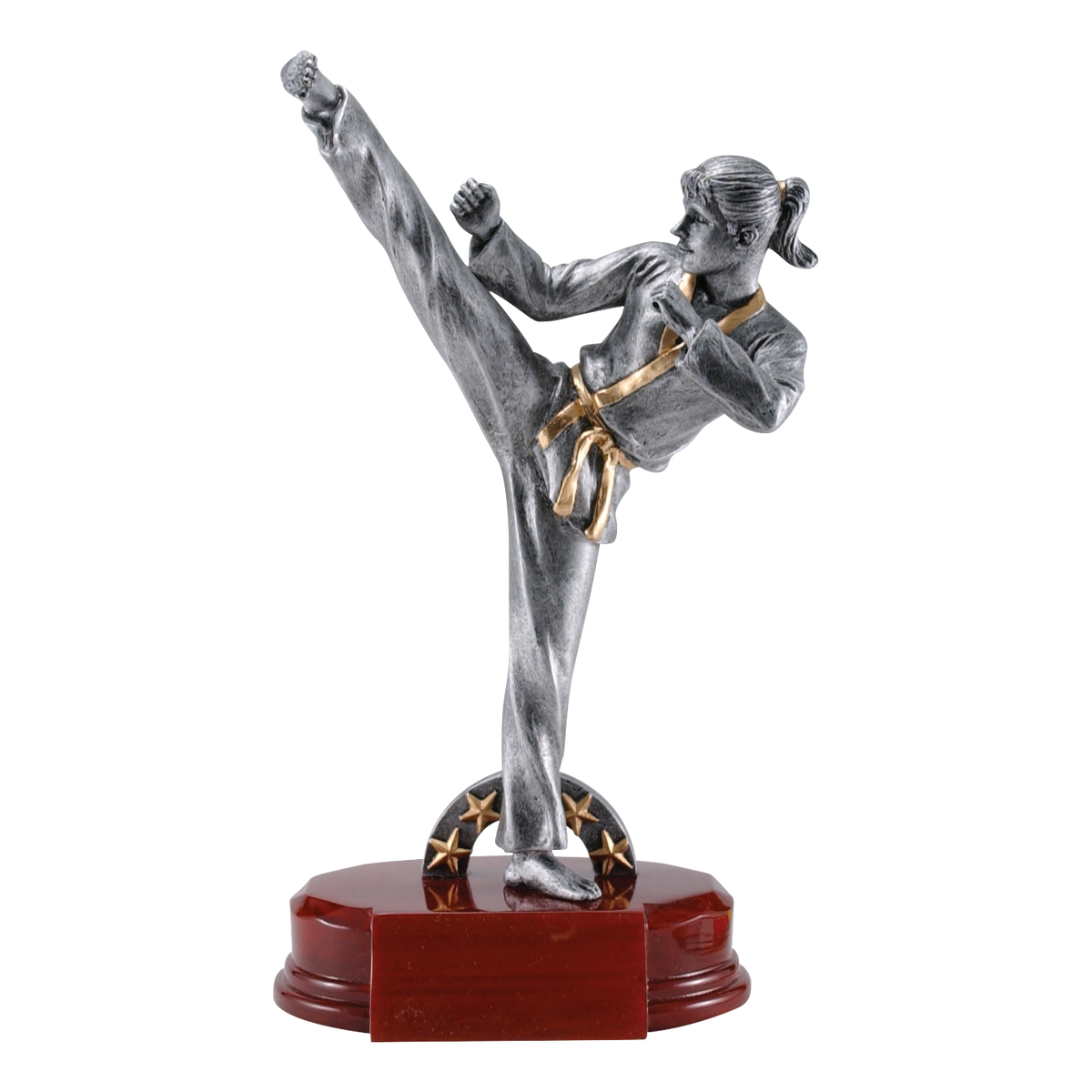 Silver female karate trophy with an athlete in a high side kick on a rosewood-finish base, 8 3/4 inch