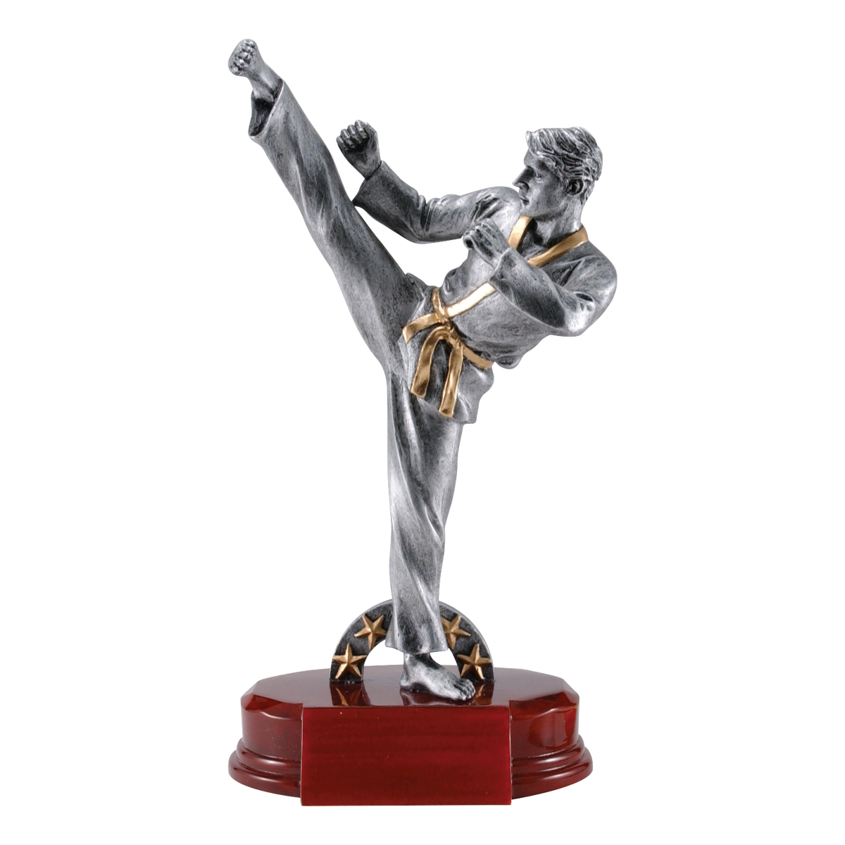Silver male karate trophy on a rosewood-finish base, 9 inch