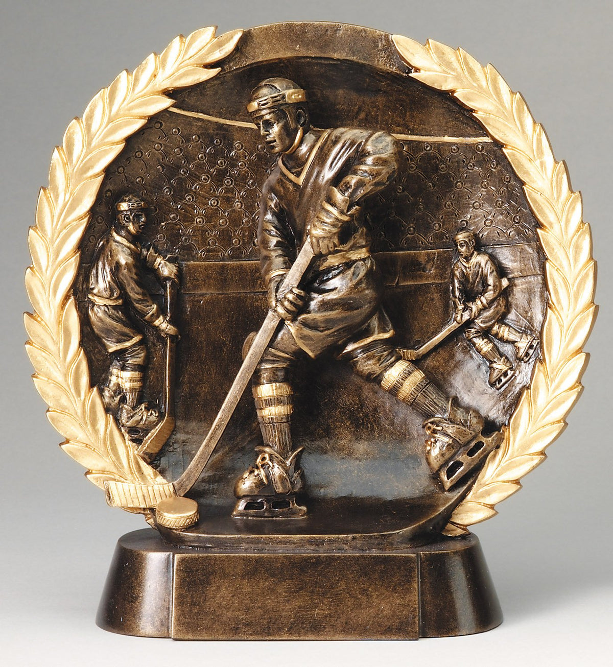 High-relief hockey plate award with gold laurel wreath