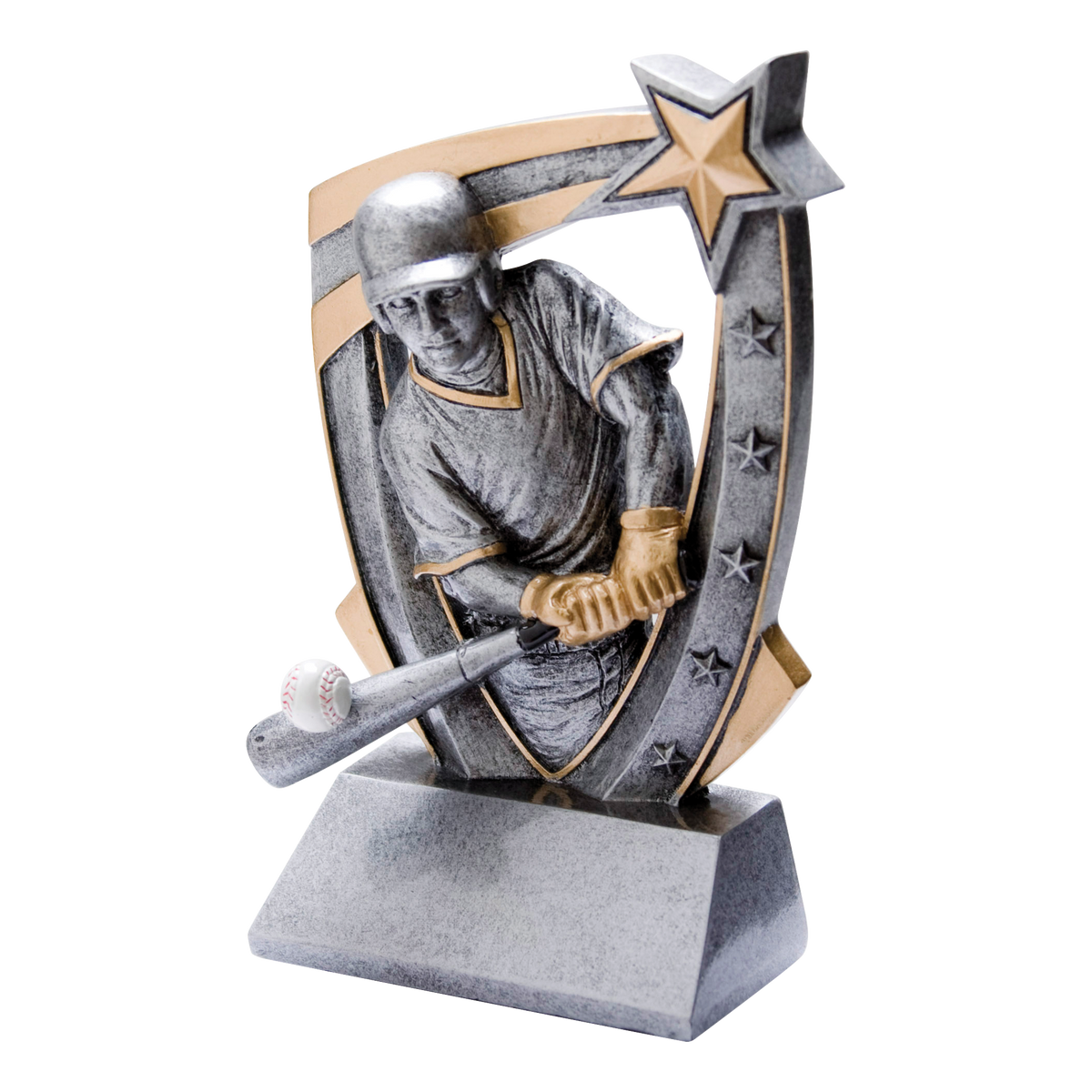 Pewter and gold resin baseball trophy with a batter figure bursting from a star-studded backdrop, on an angled base with a blank engraving face