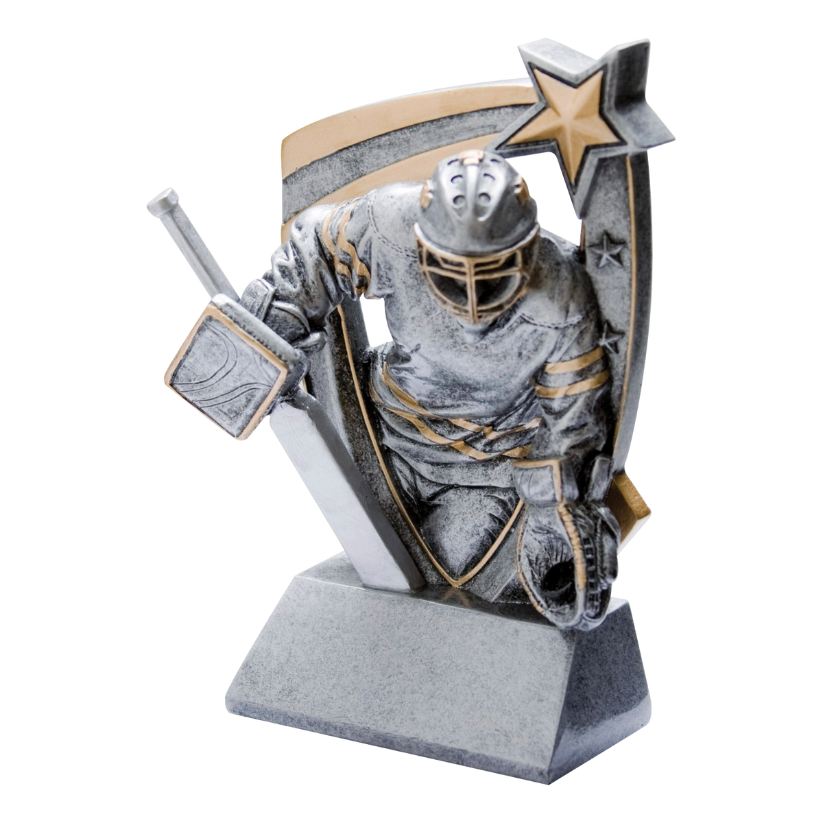 Pewter and gold resin hockey trophy with a goalie figure in pads bursting from a star-studded backdrop, on an angled base with a blank engraving face