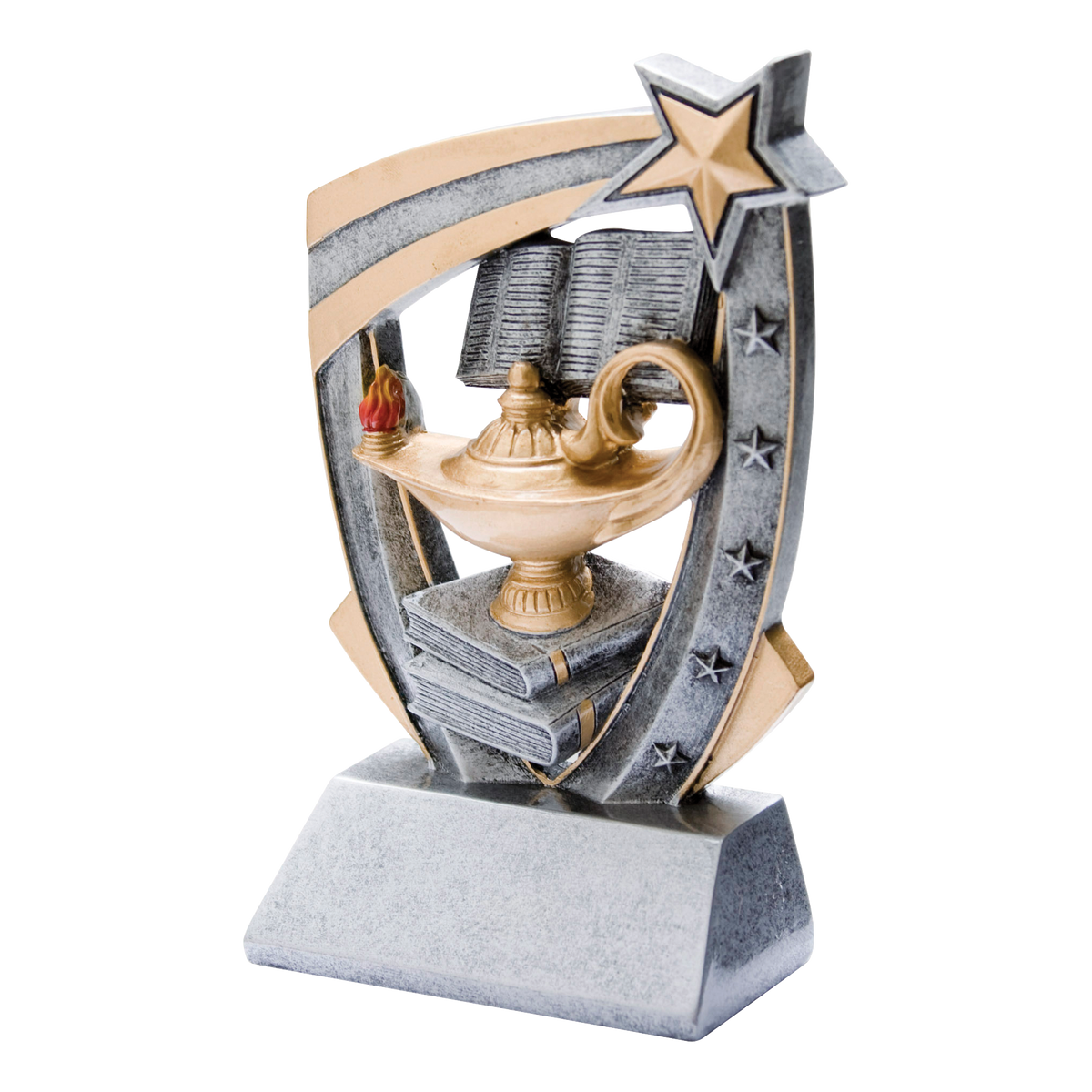 Pewter and gold resin academic trophy with a sculpted knowledge emblem bursting from a star-studded backdrop, on an angled base with a blank engraving face