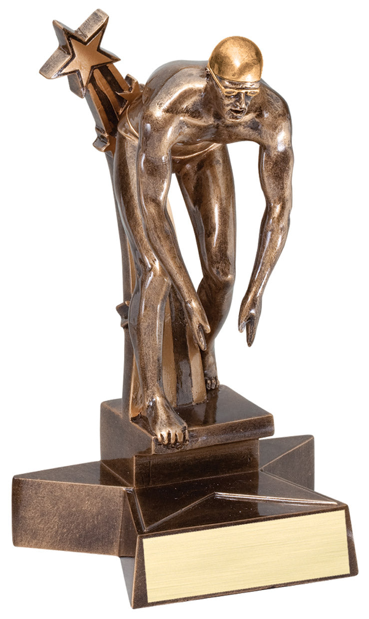 SuperStar male swimming trophy, 8½ inch, swimmer in racing start with shooting star