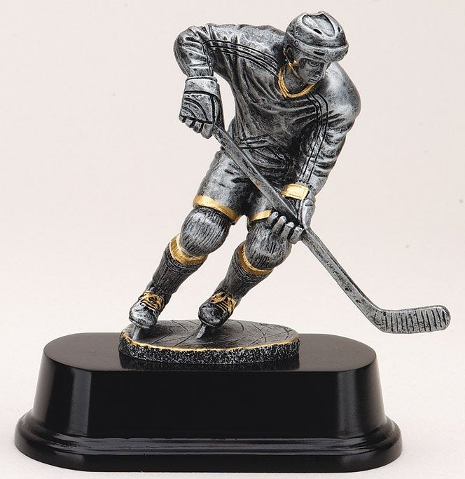 Male ice hockey player trophy in antique silver on black base