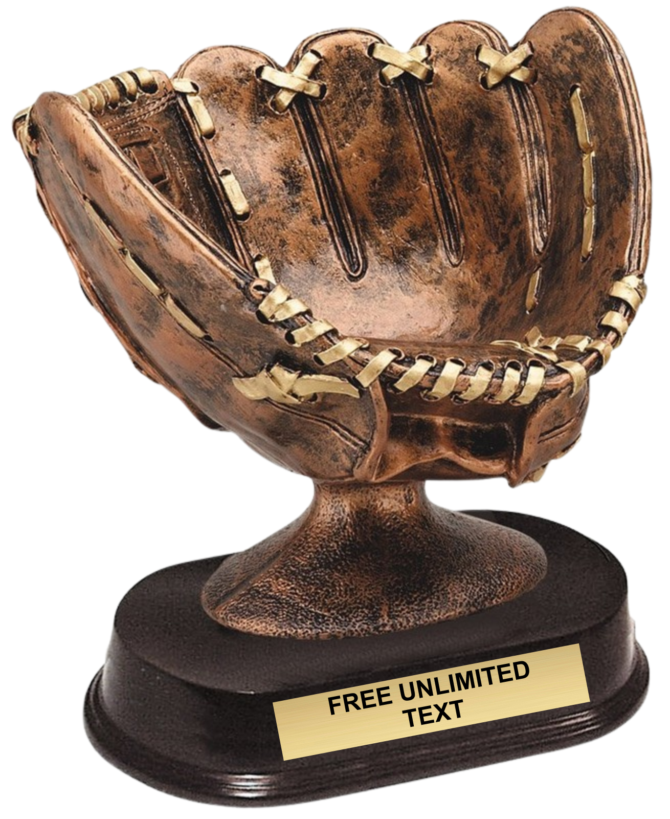 Bronze baseball glove trophy with a customizable text plaque on a white background