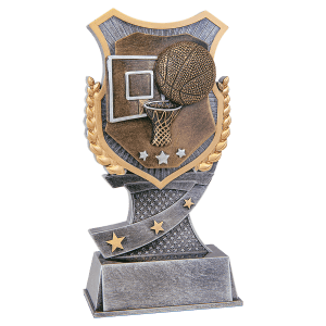 Basketball Shield resin trophy with a classic crest and gold basketball