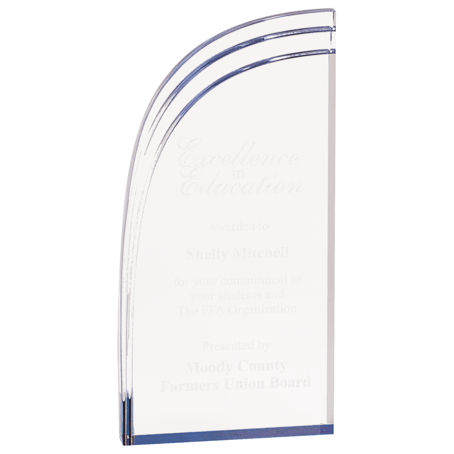 Blue Wave Acrylic award, 4" x 8", self-standing acrylic with clear engraving area