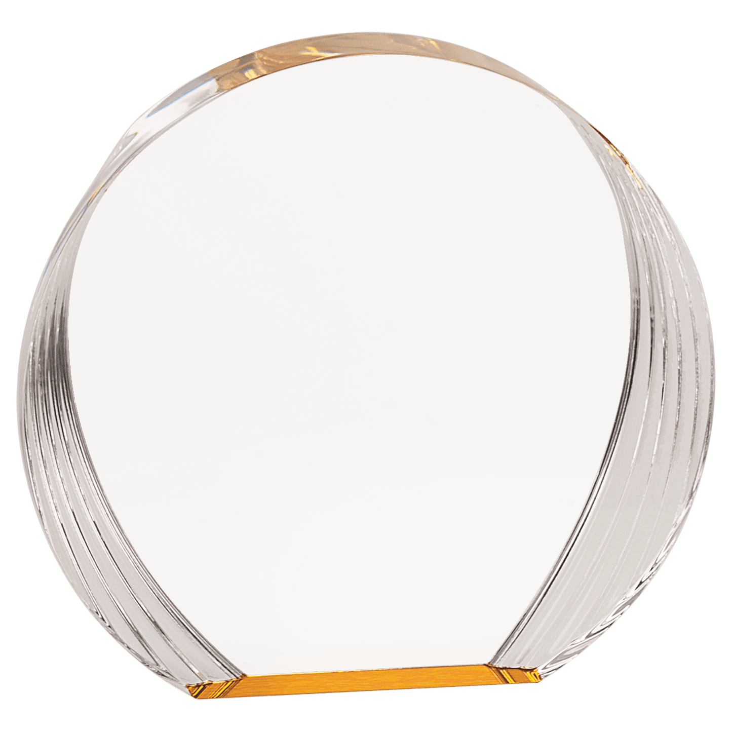 Gold Round Acrylic award, 6 1/2" x 6", self-standing acrylic with clear engraving area