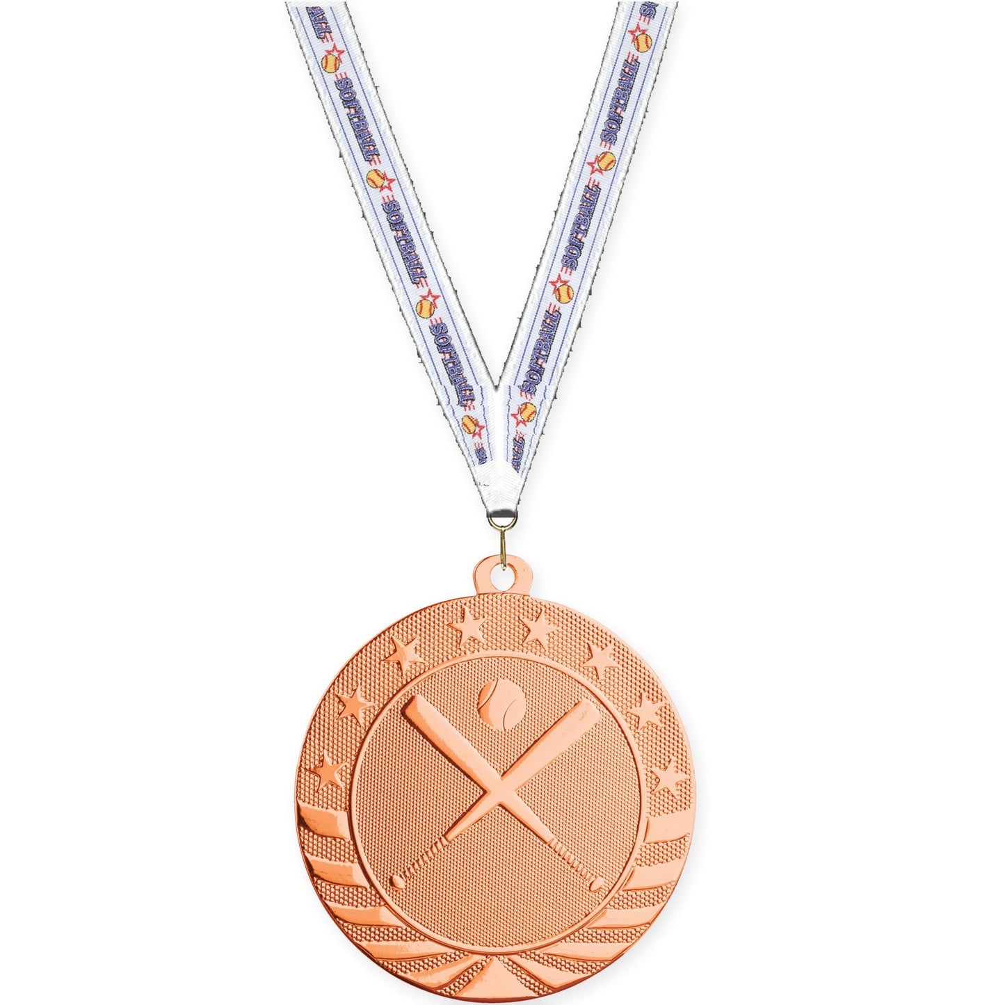 2 3/4 inch baseball and softball Starbrite medal in bright bronze with Softball neck ribbon