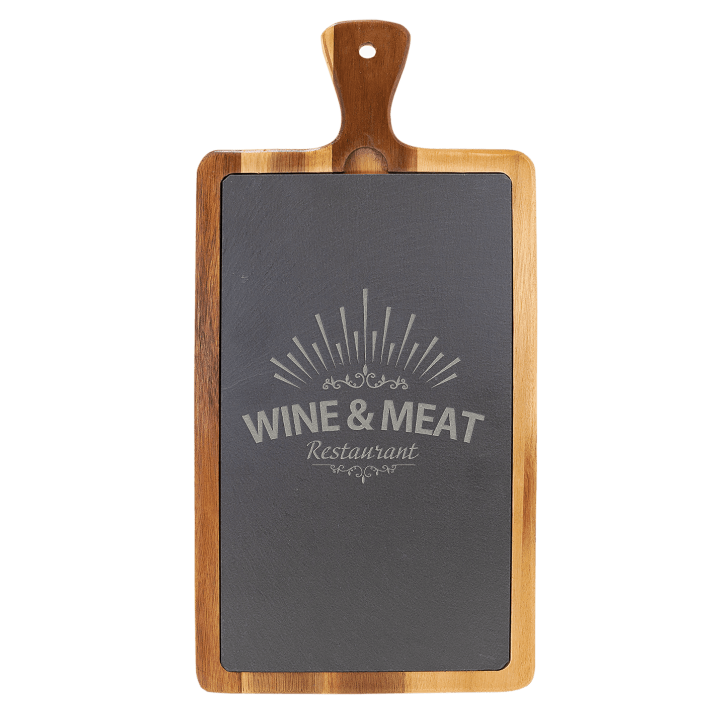 Wooden cutting board with a slate surface displaying 'Wine & Meat Restaurant' text.