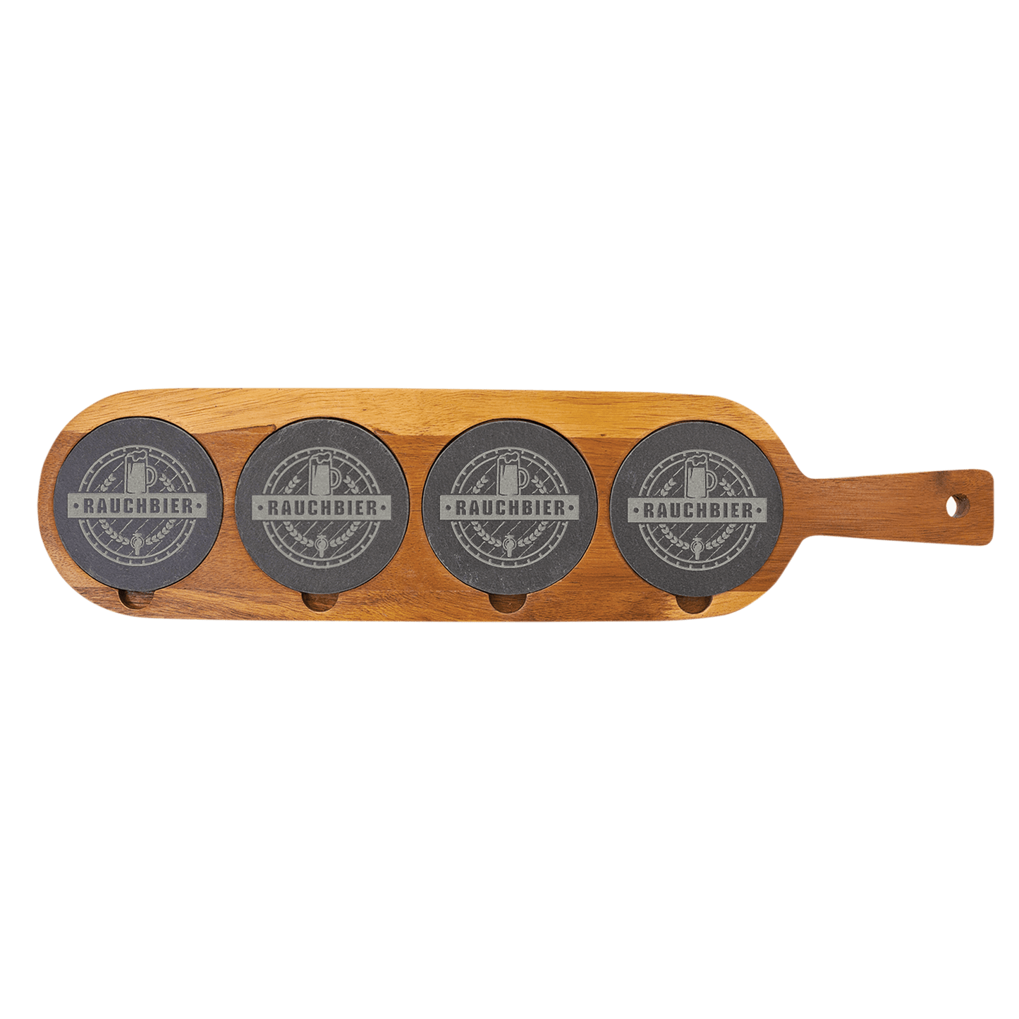 Acacia wood and slate serving board with handle and removable slate coasters, personalized with engraving