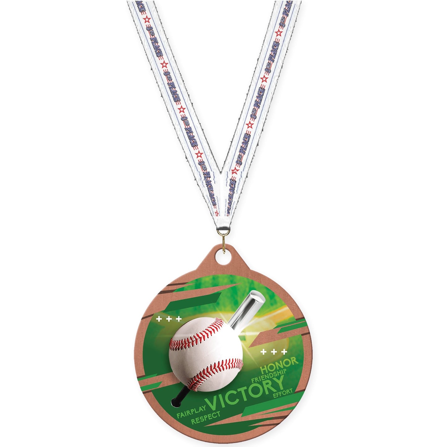 2 inch baseball Inspire medal in bronze with 3rd Place neck ribbon
