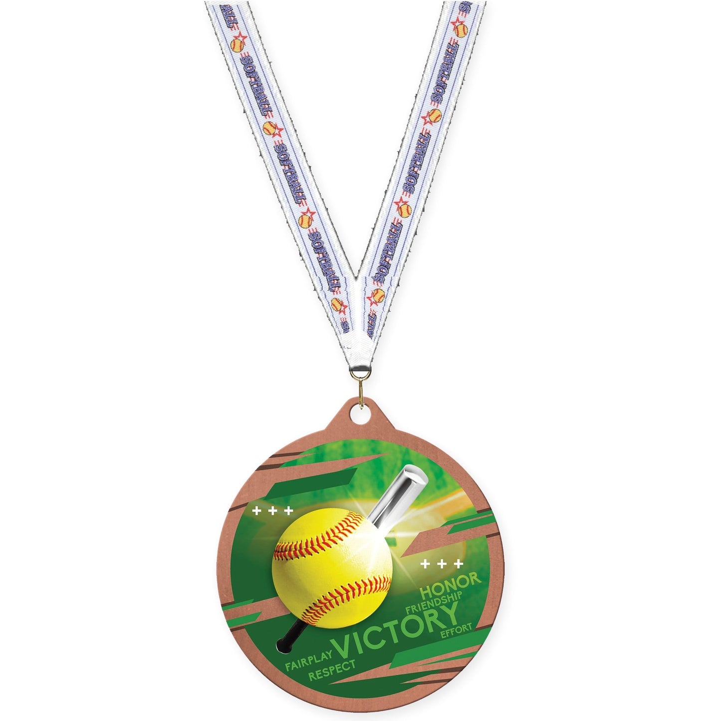 2 3/4 inch softball Inspire medal in bronze with Softball neck ribbon