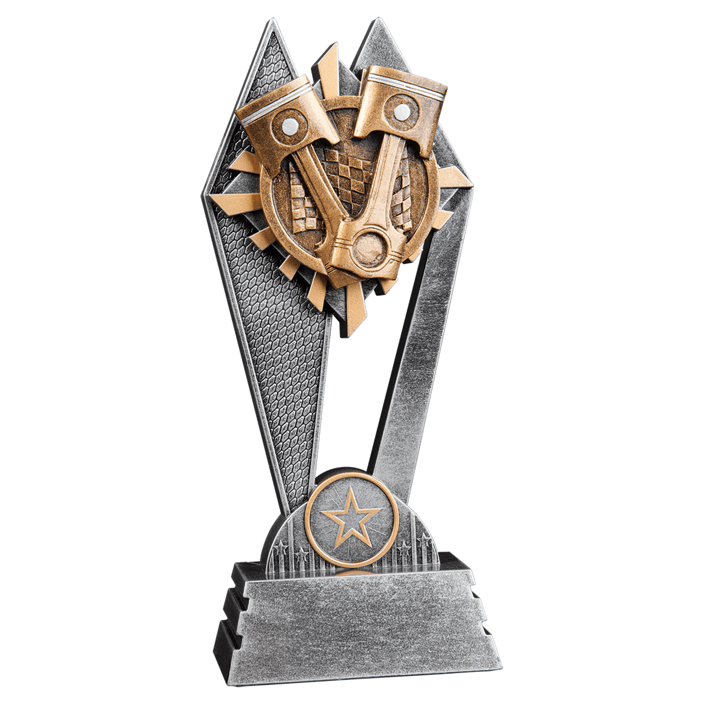 8" Racing Sun Ray award with gold, gray and silver rays behind a racing design