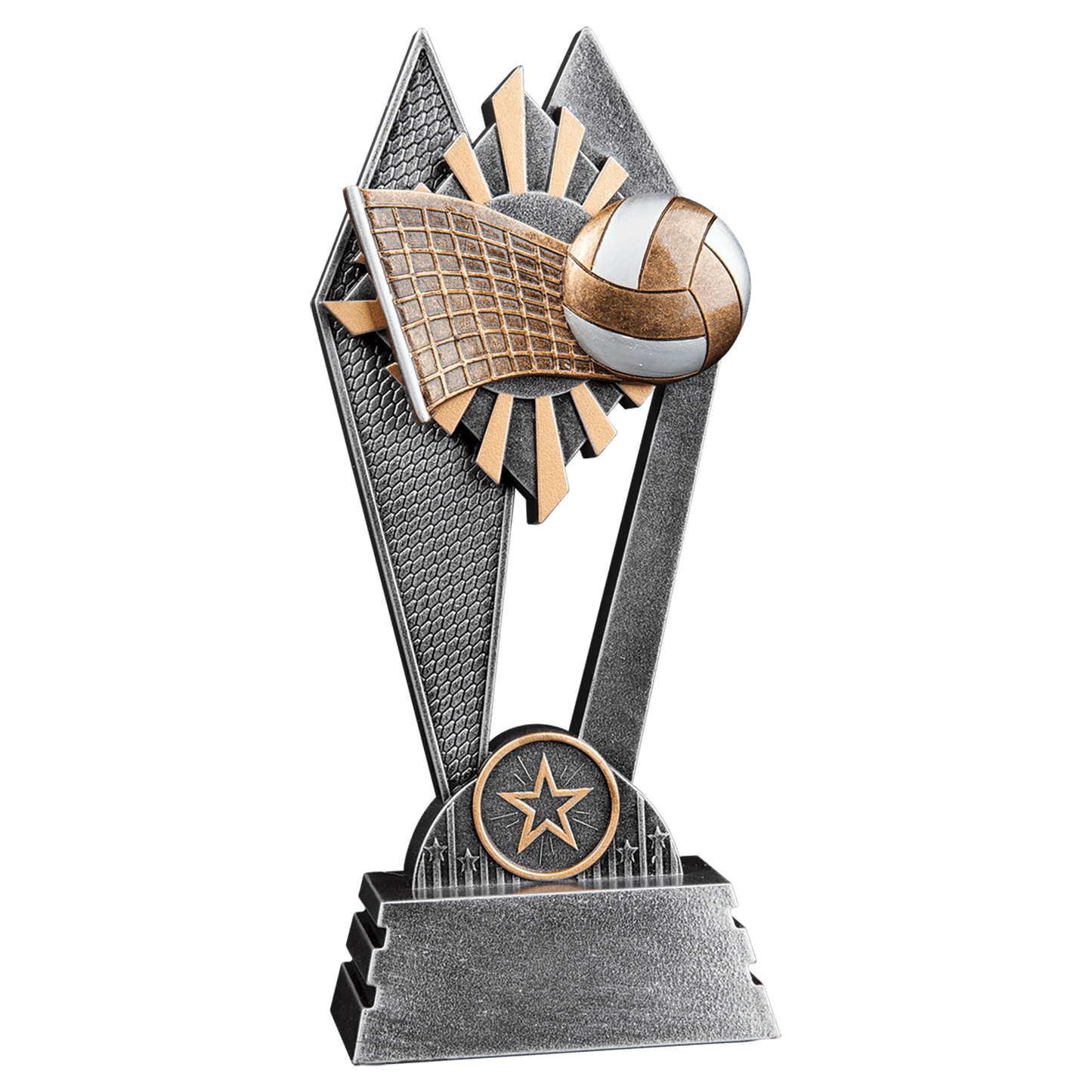 8" Volleyball Sun Ray award with gold, gray and silver rays behind a volleyball design