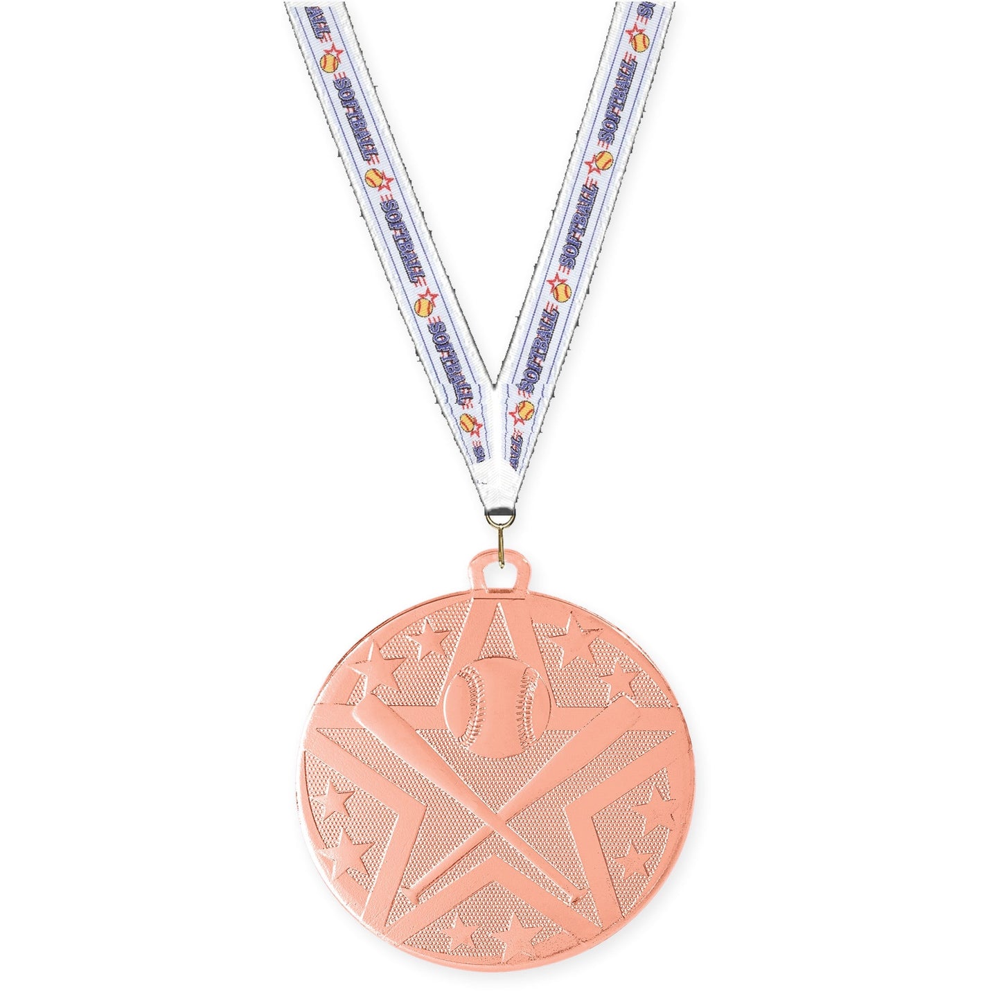 2 inch baseball and softball Superstar medal in bronze with Softball neck ribbon