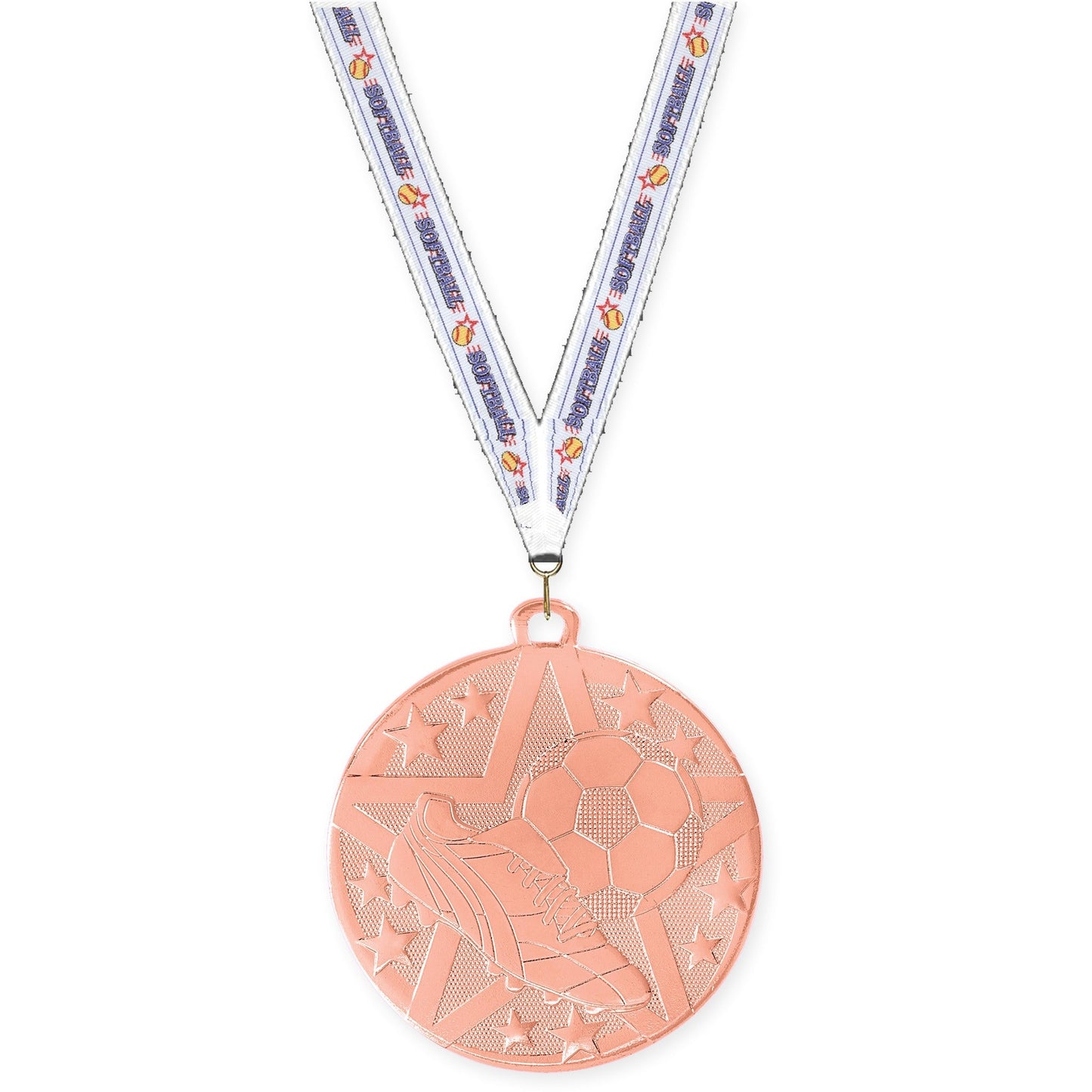 2 inch soccer Superstar medal in bronze with Softball neck ribbon