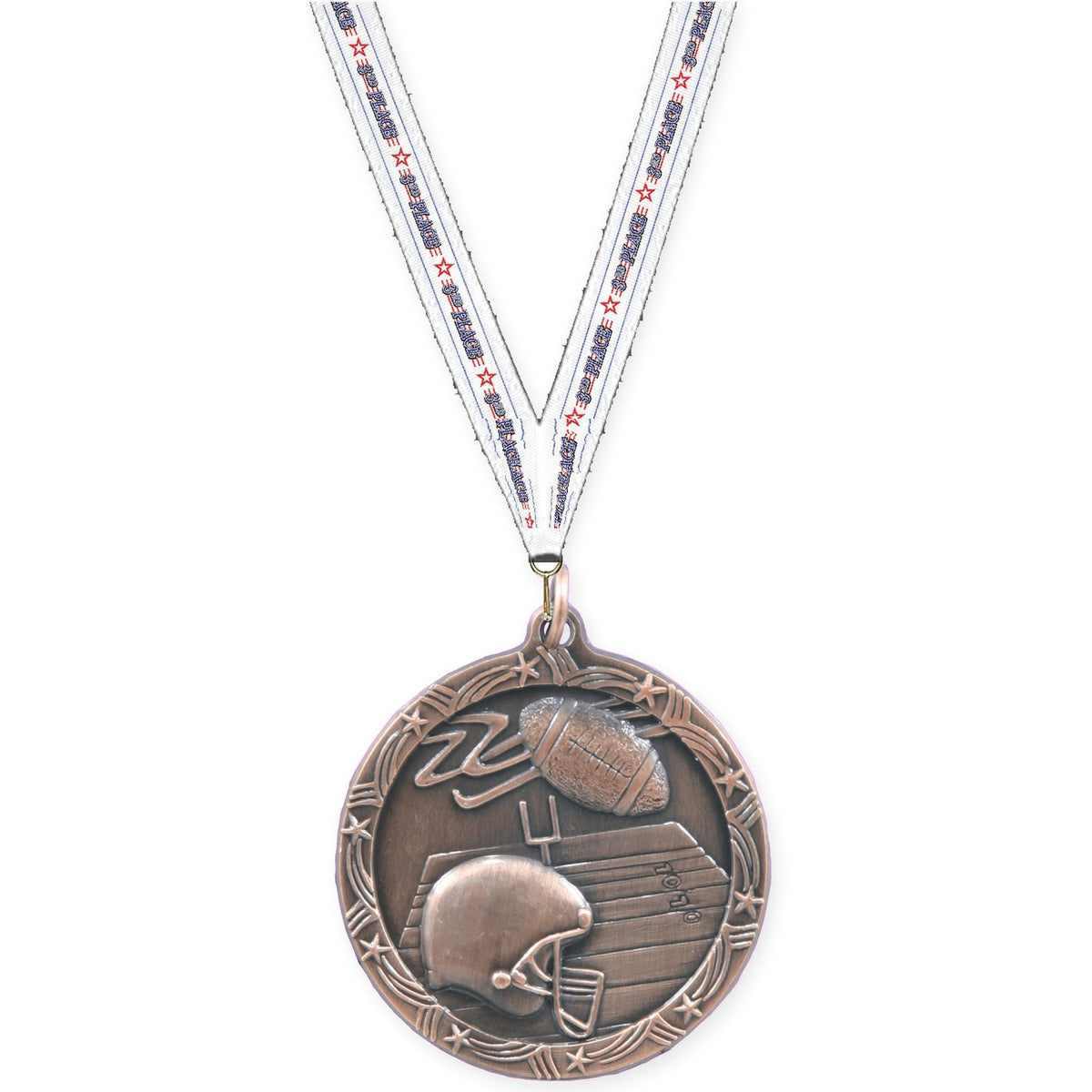 1 3/4 inch football Shooting Star medal in antique bronze with 3rd Place neck ribbon