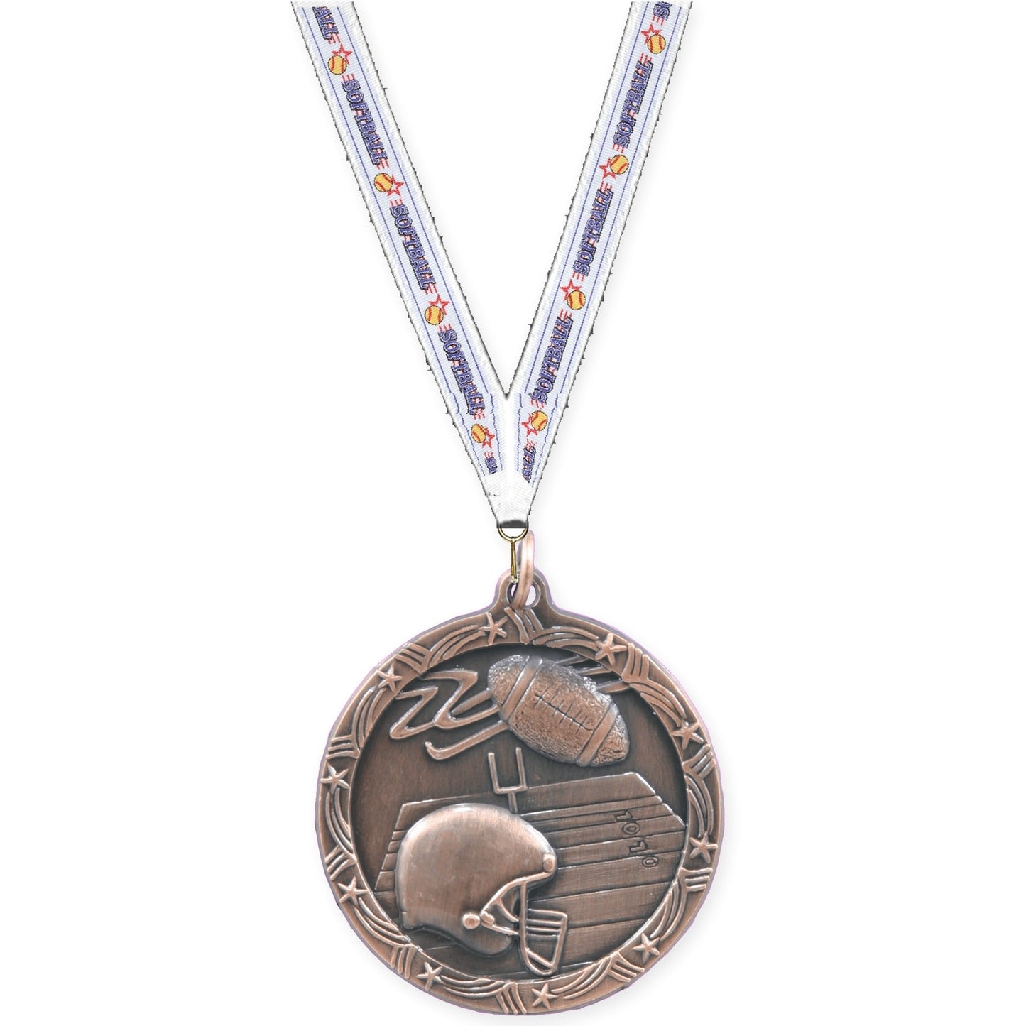 1 3/4 inch football Shooting Star medal in antique bronze with Softball neck ribbon