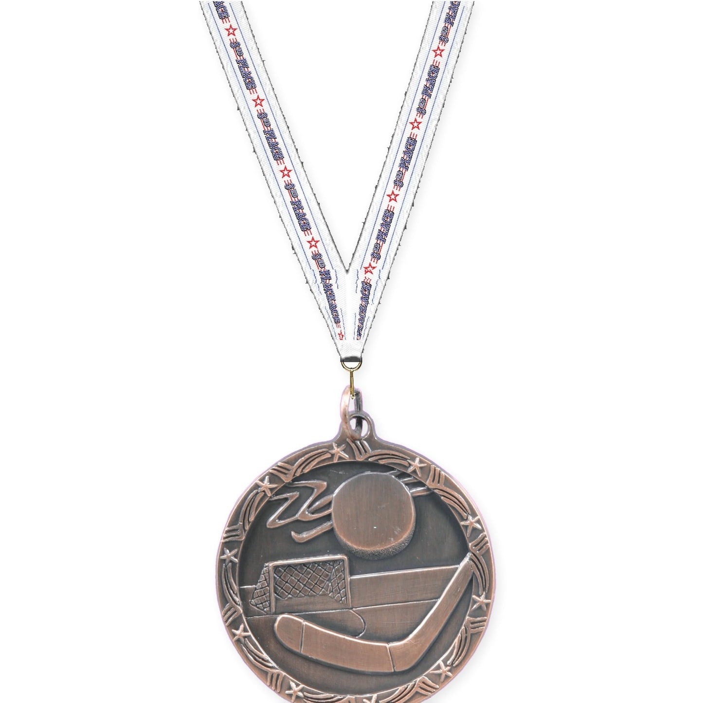 1 3/4 inch hockey Shooting Star medal in antique bronze with 3rd Place neck ribbon