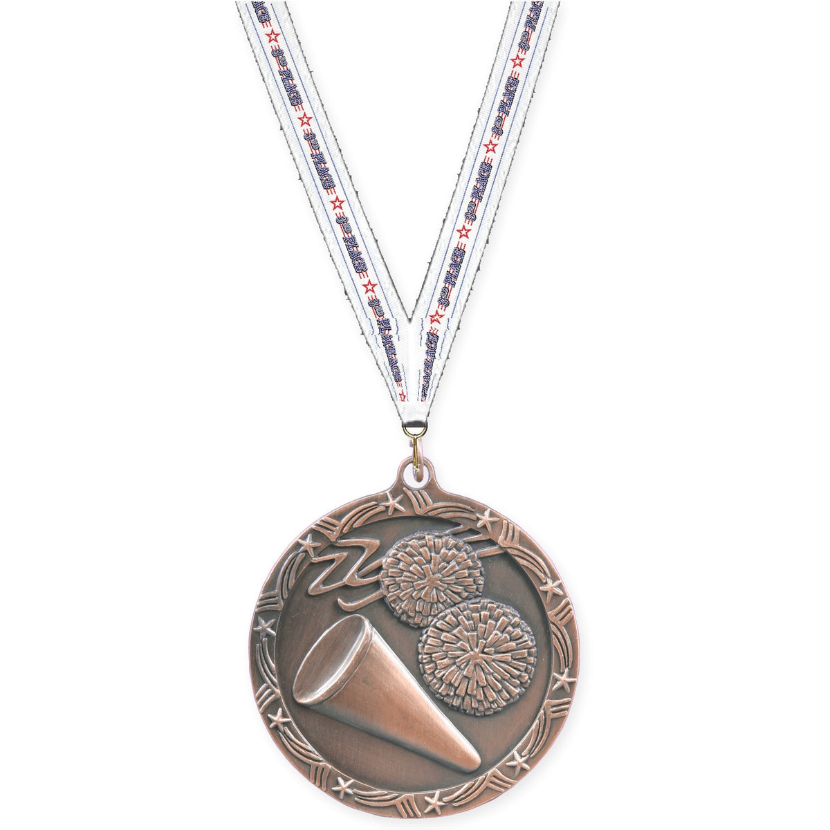2 1/2 inch cheerleading Shooting Star medal in antique bronze with 3rd Place neck ribbon