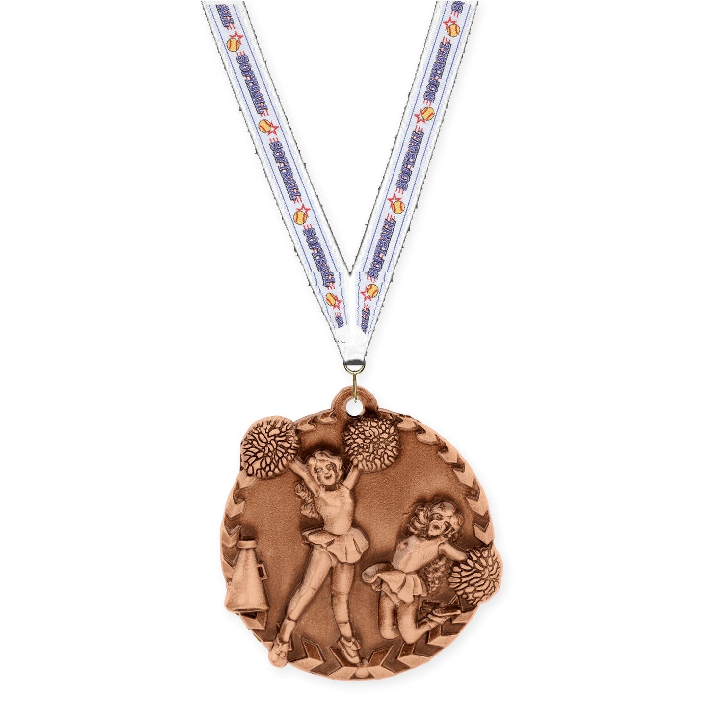 1 3/4 inch cheerleading Millennium medal in antique bronze with Softball neck ribbon