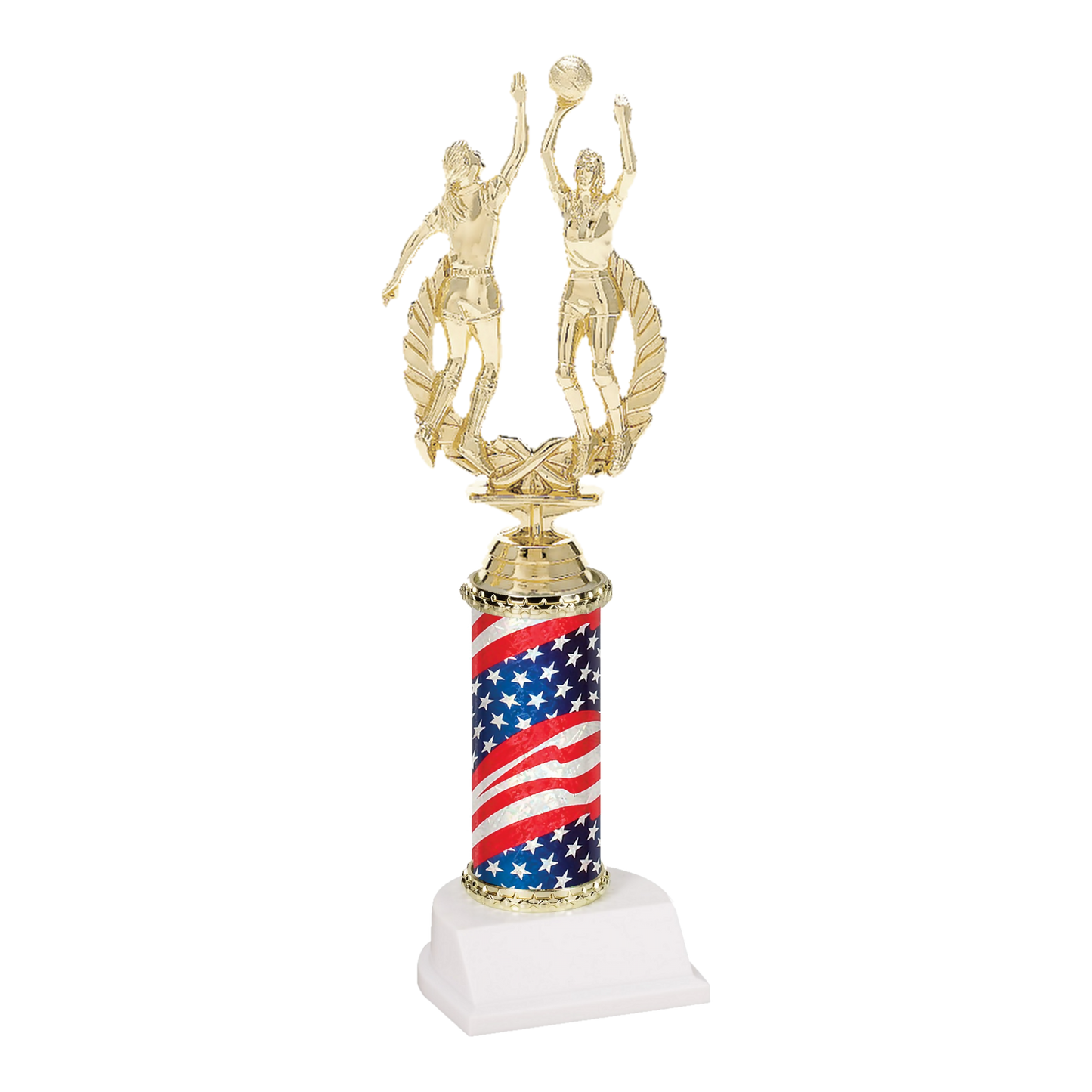 Champion Series Basketball Trophy - Rebound, female basketball players going up for the rebound on a stars and stripes flag column with white base
