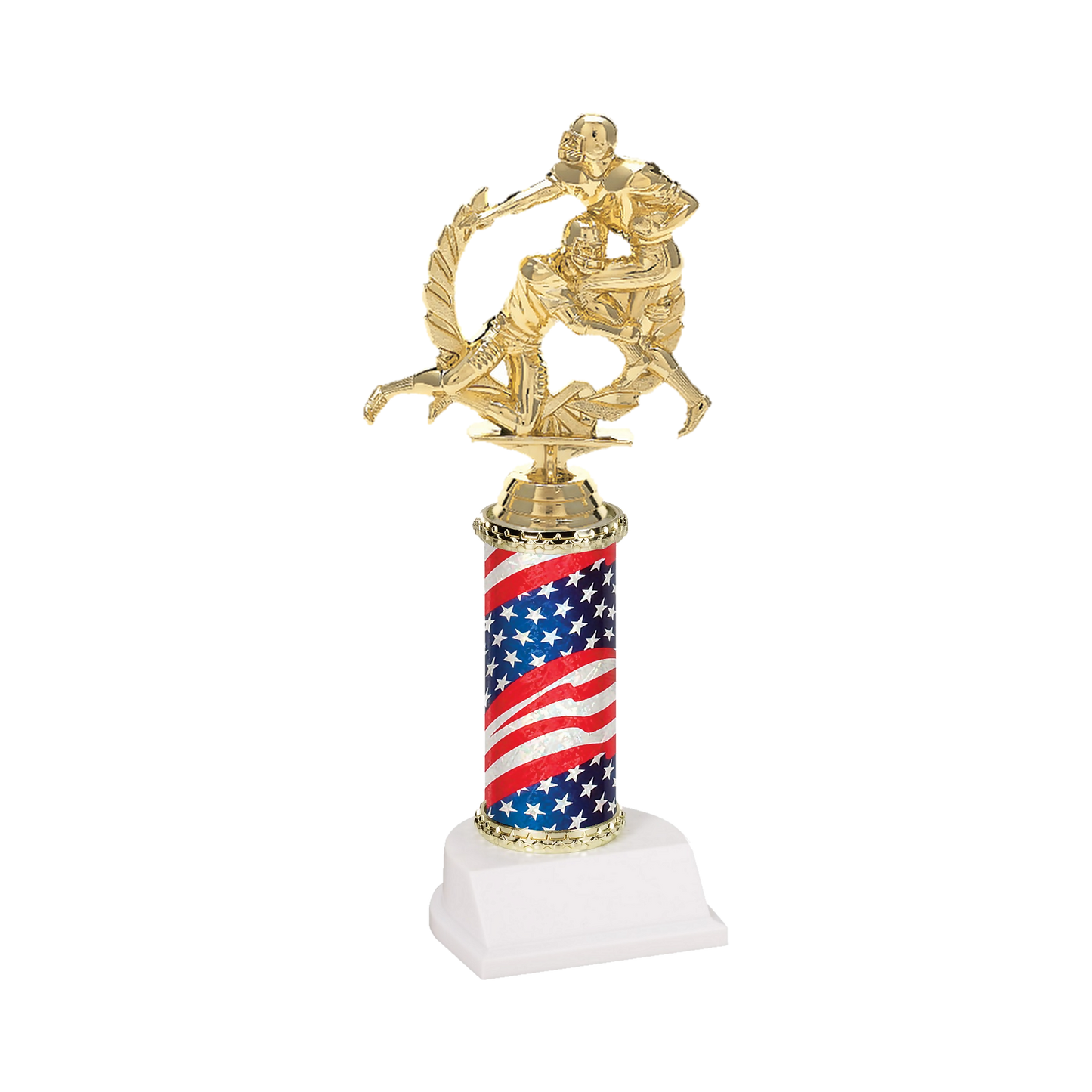 Champion Series Football Trophy - Tackle, football ball carrier meeting a tackler in a laurel wreath on a stars and stripes flag column with white base