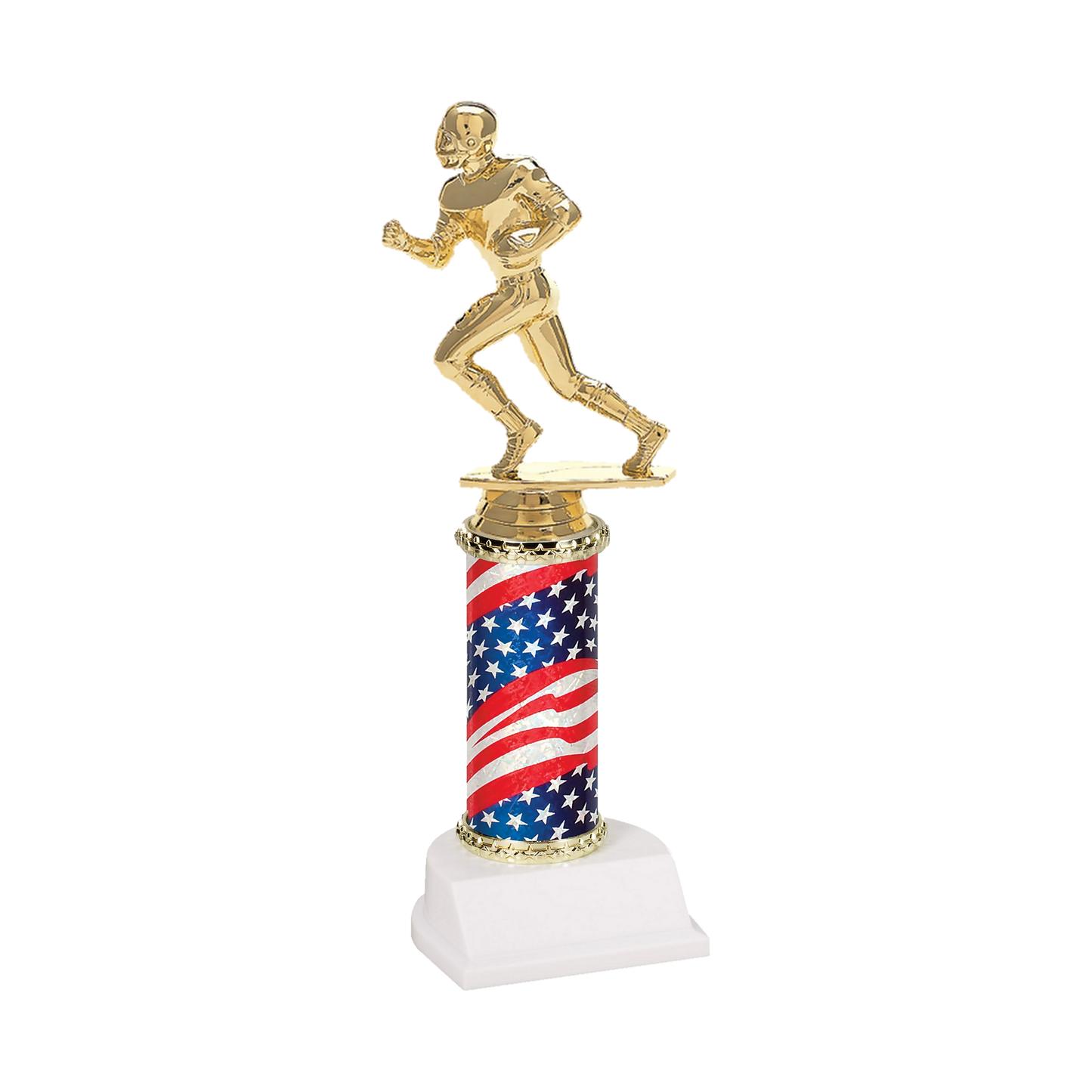 Champion Series Football Trophy - Running Back, helmeted football running back sprinting with the ball on a stars and stripes flag column with white base