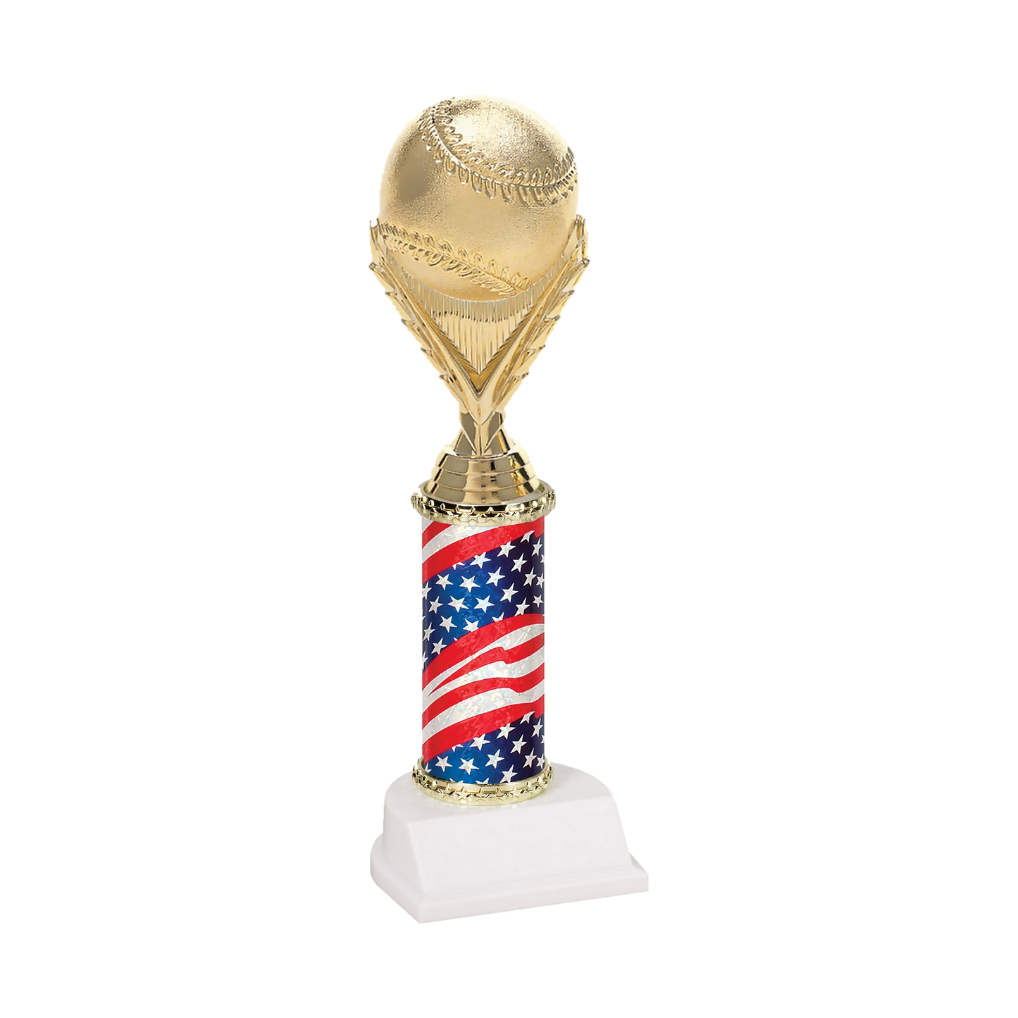 Champion Series Baseball Trophy - Baseball & Wreath, gold baseball resting on a laurel wreath riser on a stars and stripes flag column with white base