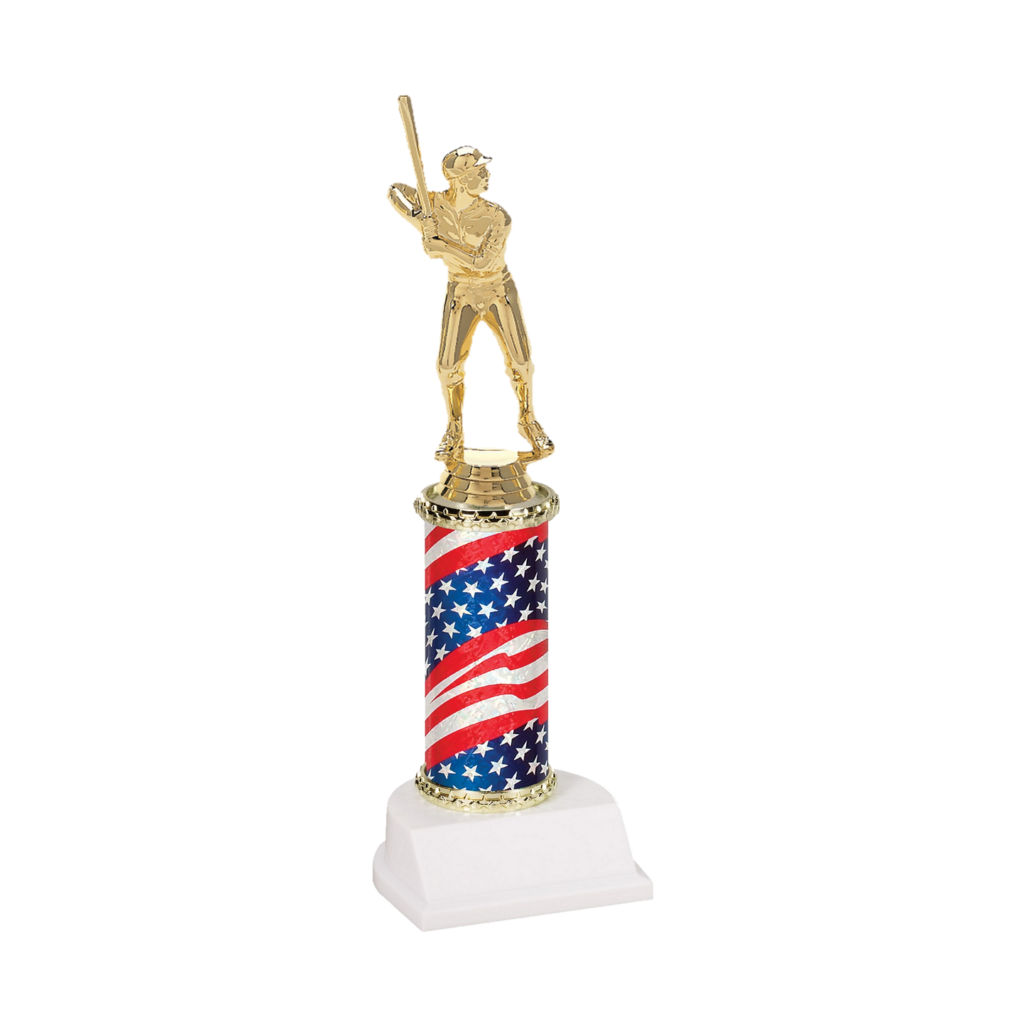 Champion Series Baseball Trophy - Batter, baseball batter in a ball cap waiting on the pitch on a stars and stripes flag column with white base