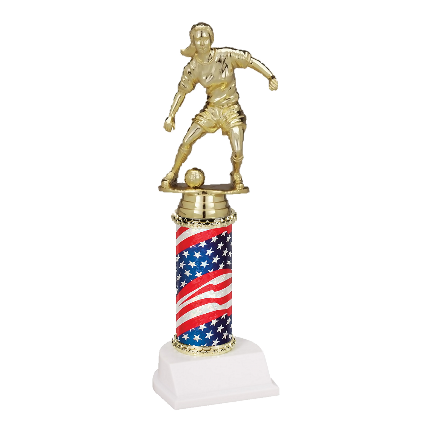 11 inch Champion Series soccer trophy, female figure on stars and stripes flag column with white base