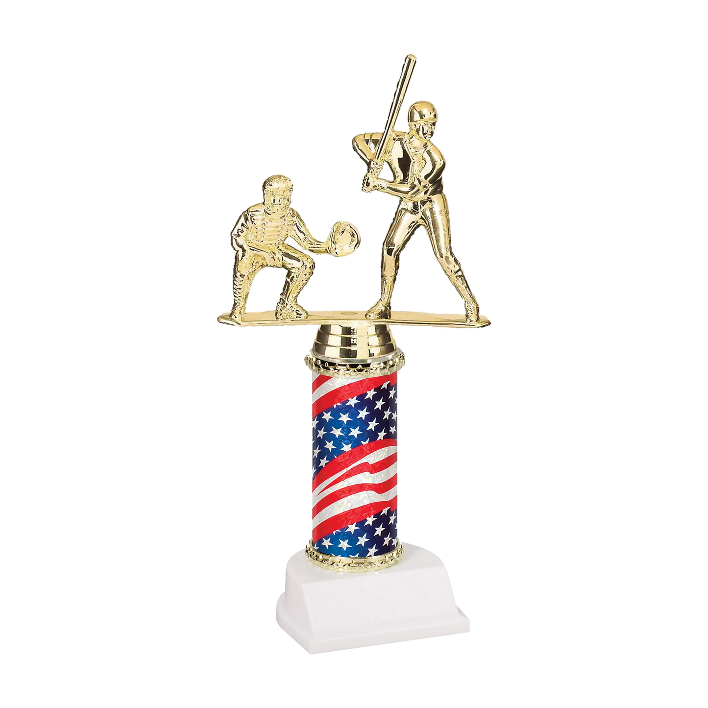 Champion Series Baseball Trophy - Batter & Catcher, baseball batter at the plate with a crouching catcher on a stars and stripes flag column with white base