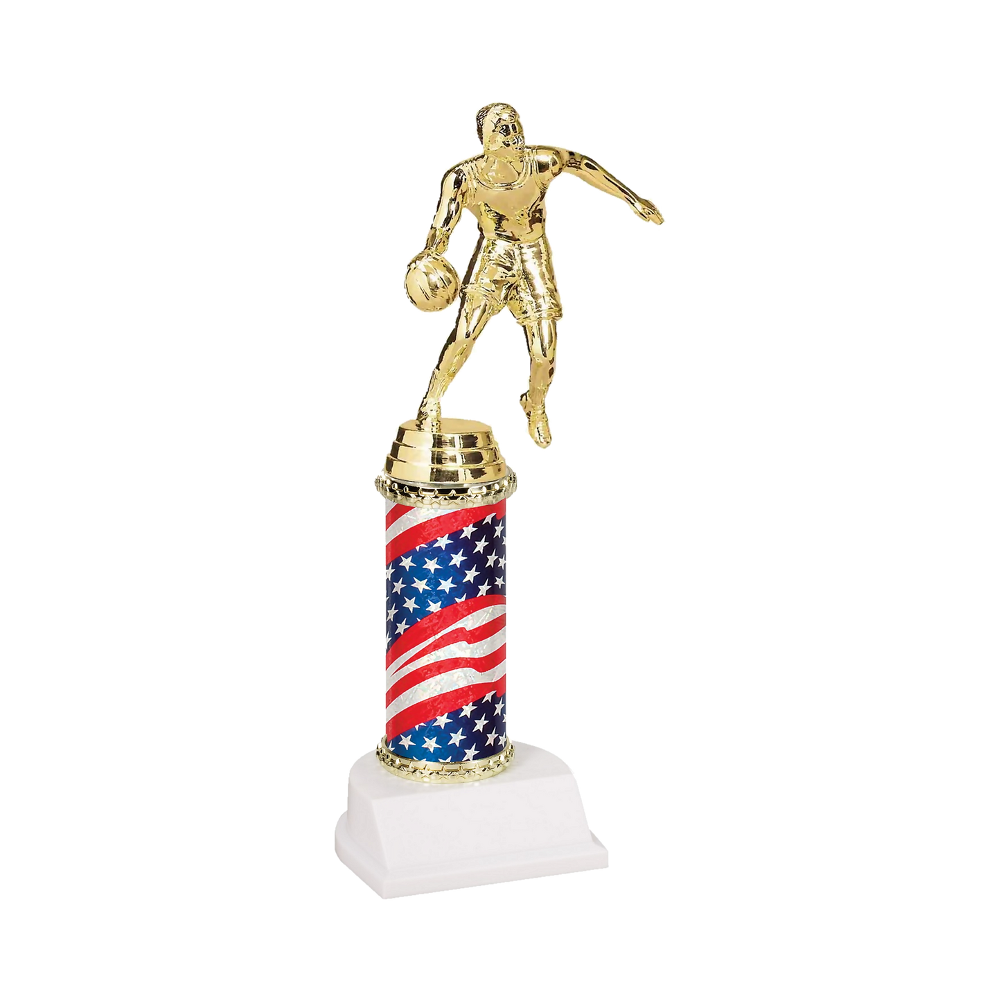 Champion Series Basketball Trophy - Dribbler, basketball player driving to the basket on a stars and stripes flag column with white base